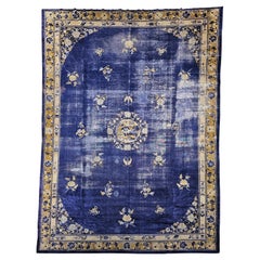 Antique 19th Century Chinese Peking Rug with Auspicious Symbols in Indigo, Gold