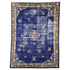 19th Century Chinese Peking Rug, Handwoven Wool, Indigo, Good Fortune, 10' x 14'