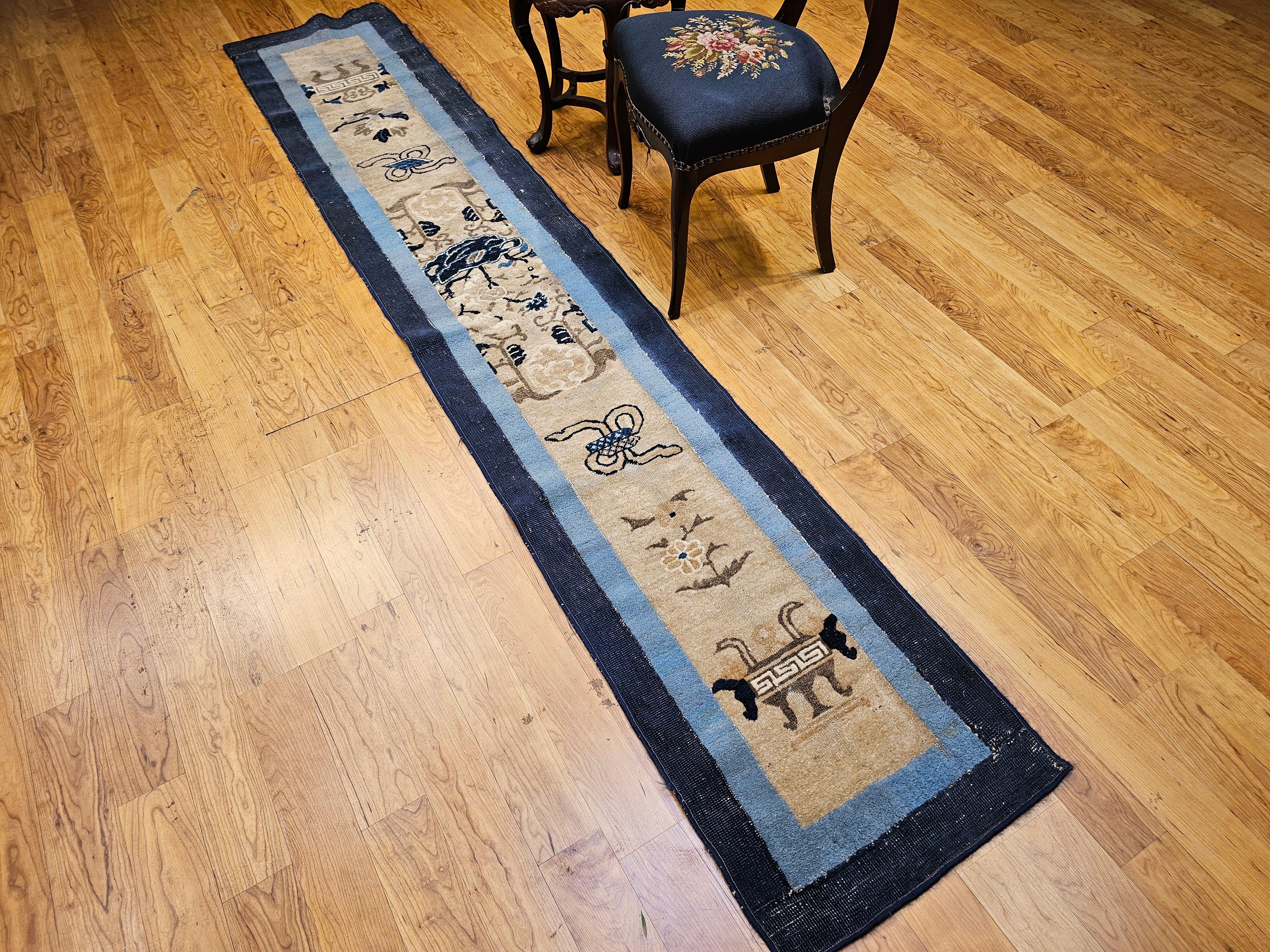 19th Century Chinese Peking Runner in Ivory, Navy & Baby Blue, Green For Sale 6
