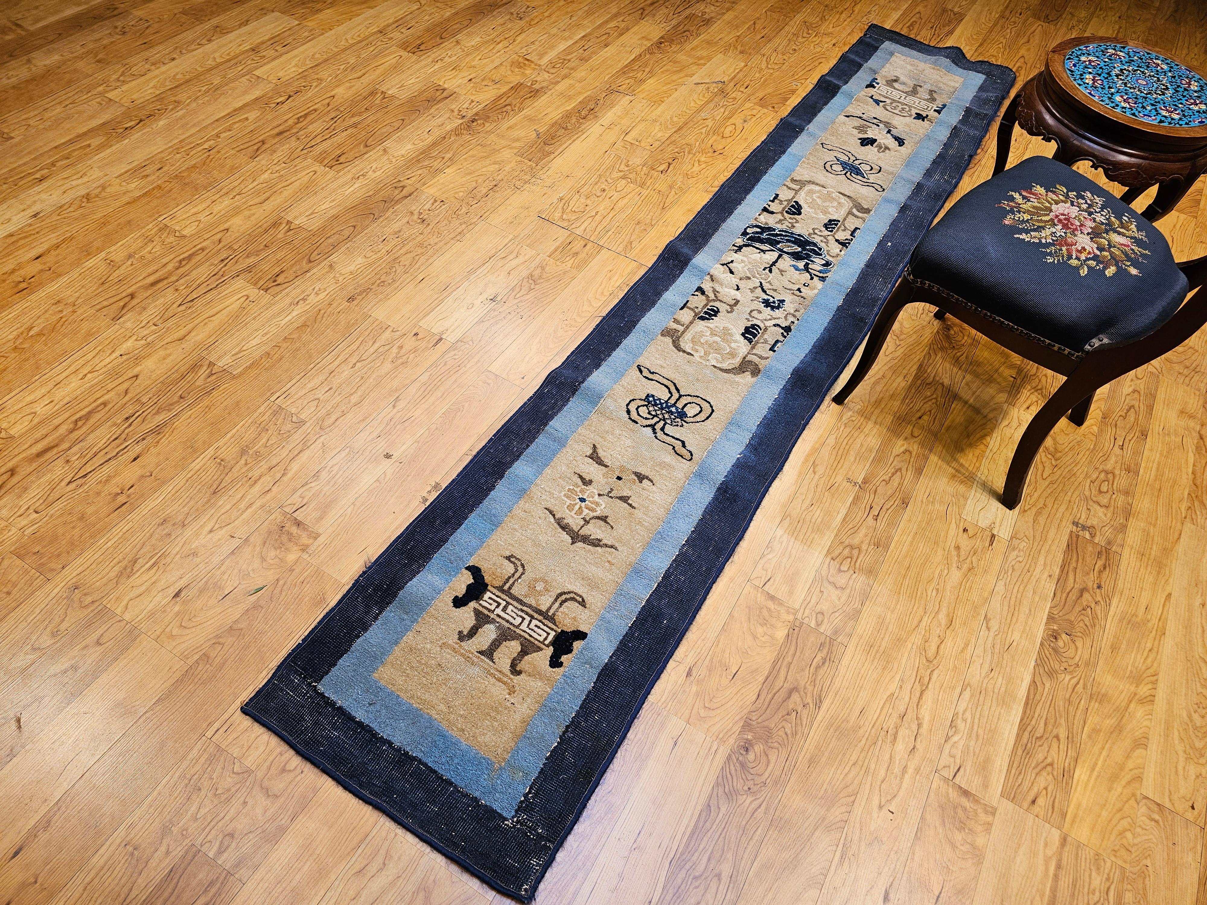 19th Century Chinese Peking Runner in Ivory, Navy & Baby Blue, Green For Sale 8