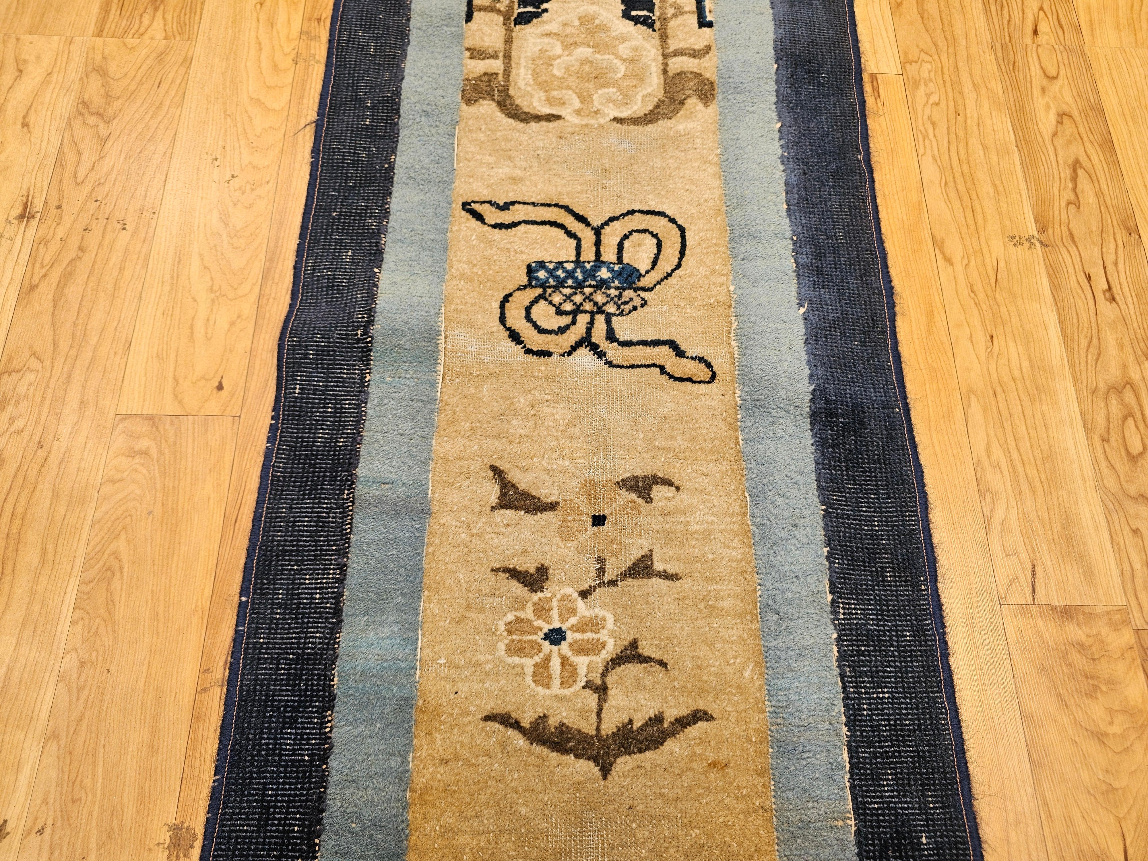 19th Century Chinese Peking Runner in Ivory, Navy & Baby Blue, Green For Sale 3