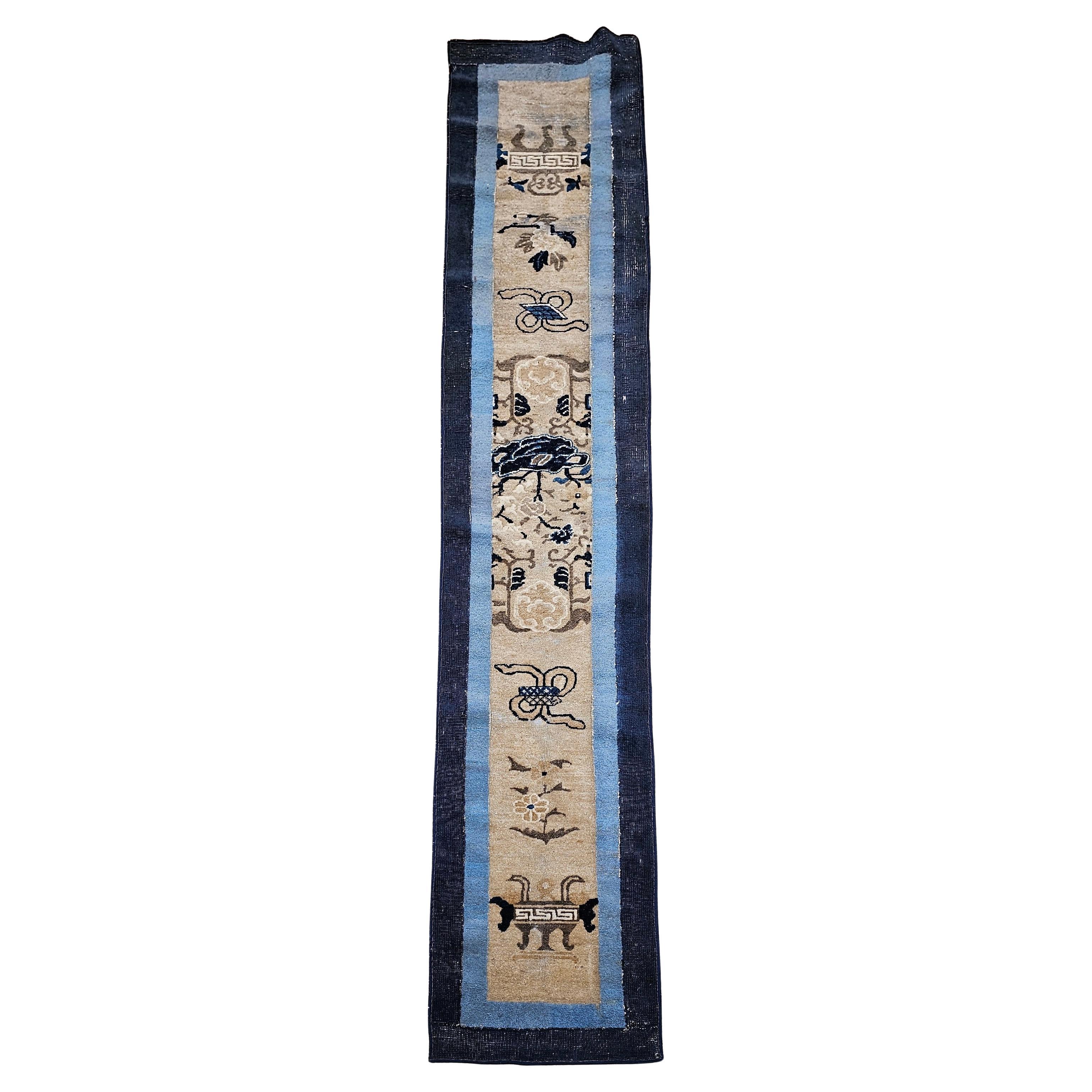 19th Century Chinese Peking Runner in Ivory, Navy & Baby Blue, Green For Sale
