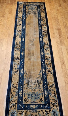 19th Century Chinese Peking Runner with Open Field in Ivory, Navy, Blue, Green