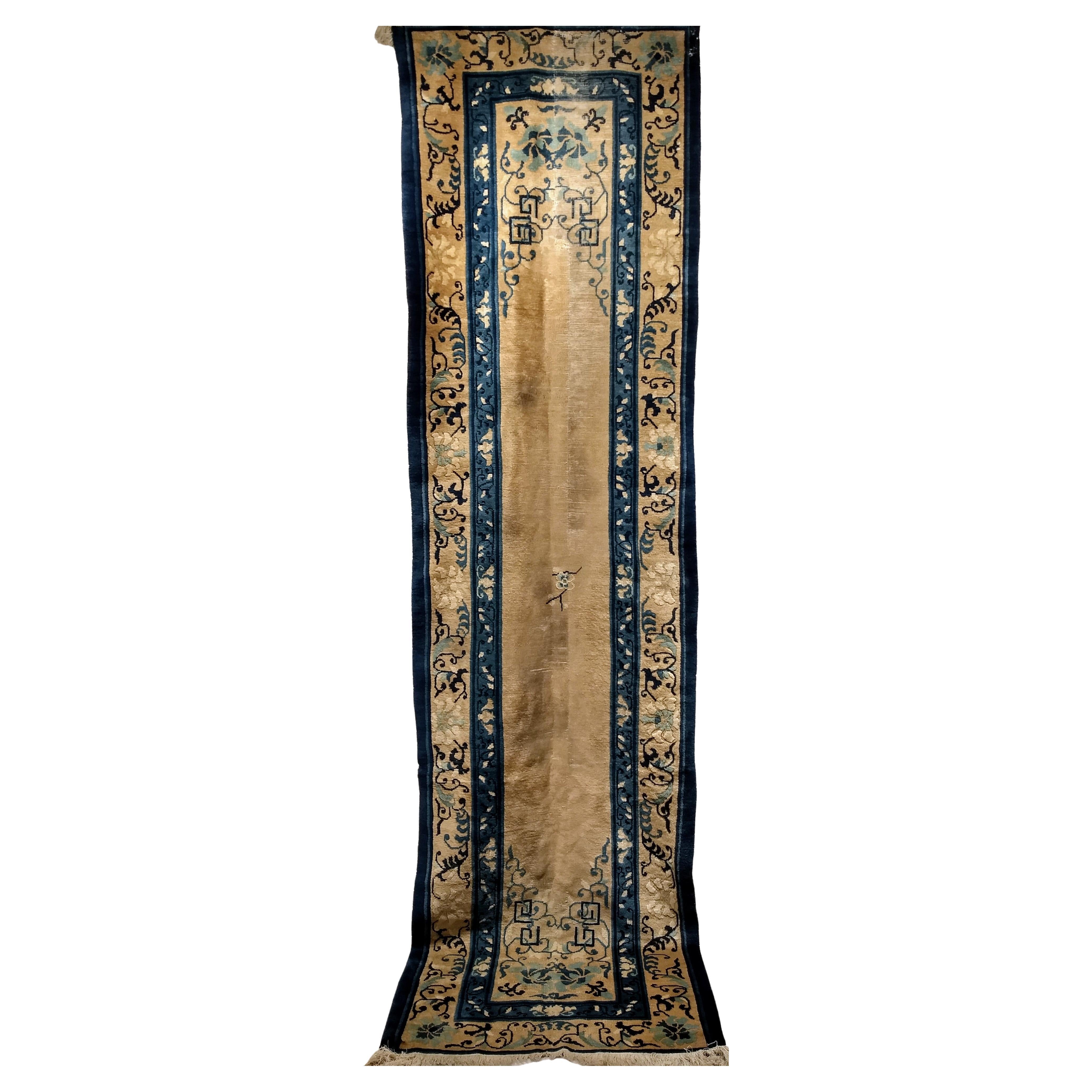 19th Century Chinese Peking Runner with Open Field in Ivory, Navy, Blue, Green