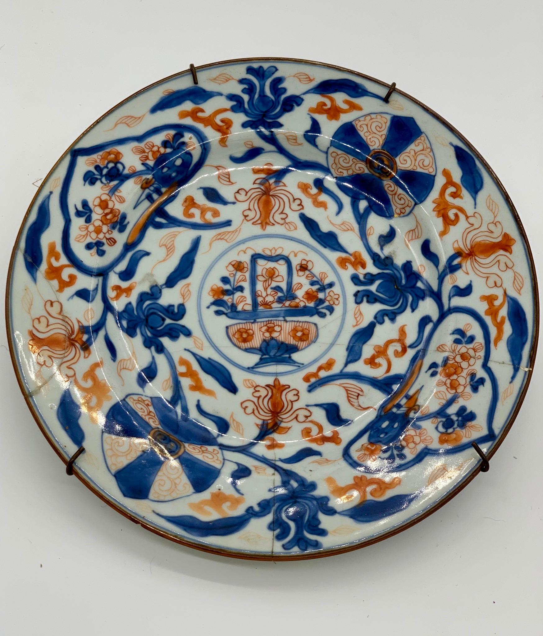 Asian 19th Century Chinese Plate with Blue and Orange Painted Flowers and Leaves For Sale