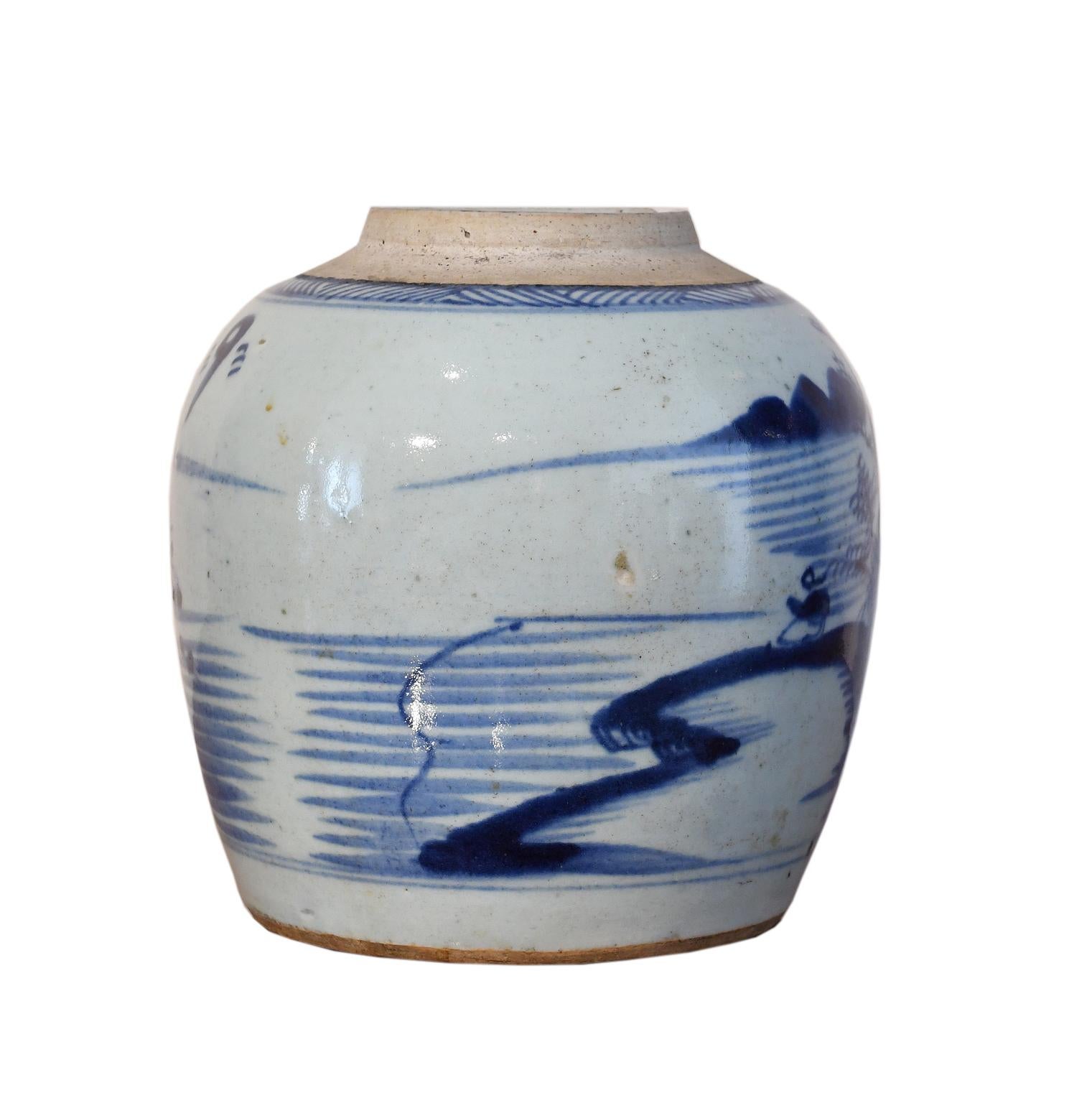 Qing 19th Century Chinese Porcelain Blue & White Jar w/ Hand-Painted Lighthouse Scene