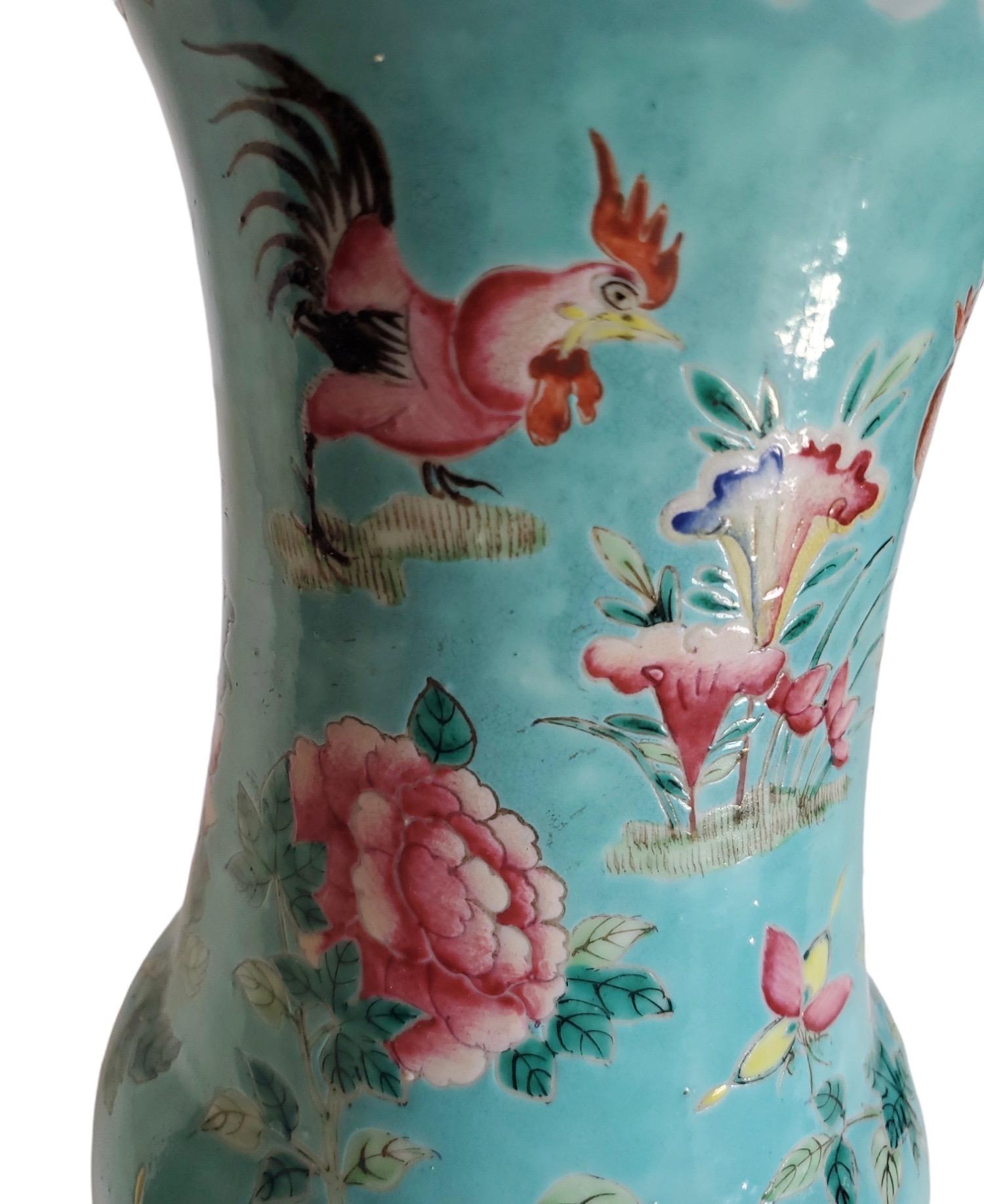 Beautifully painted 19th Century Chinese vessel converted to lamp.   Wooden base.  Custom parchment shade is 10
