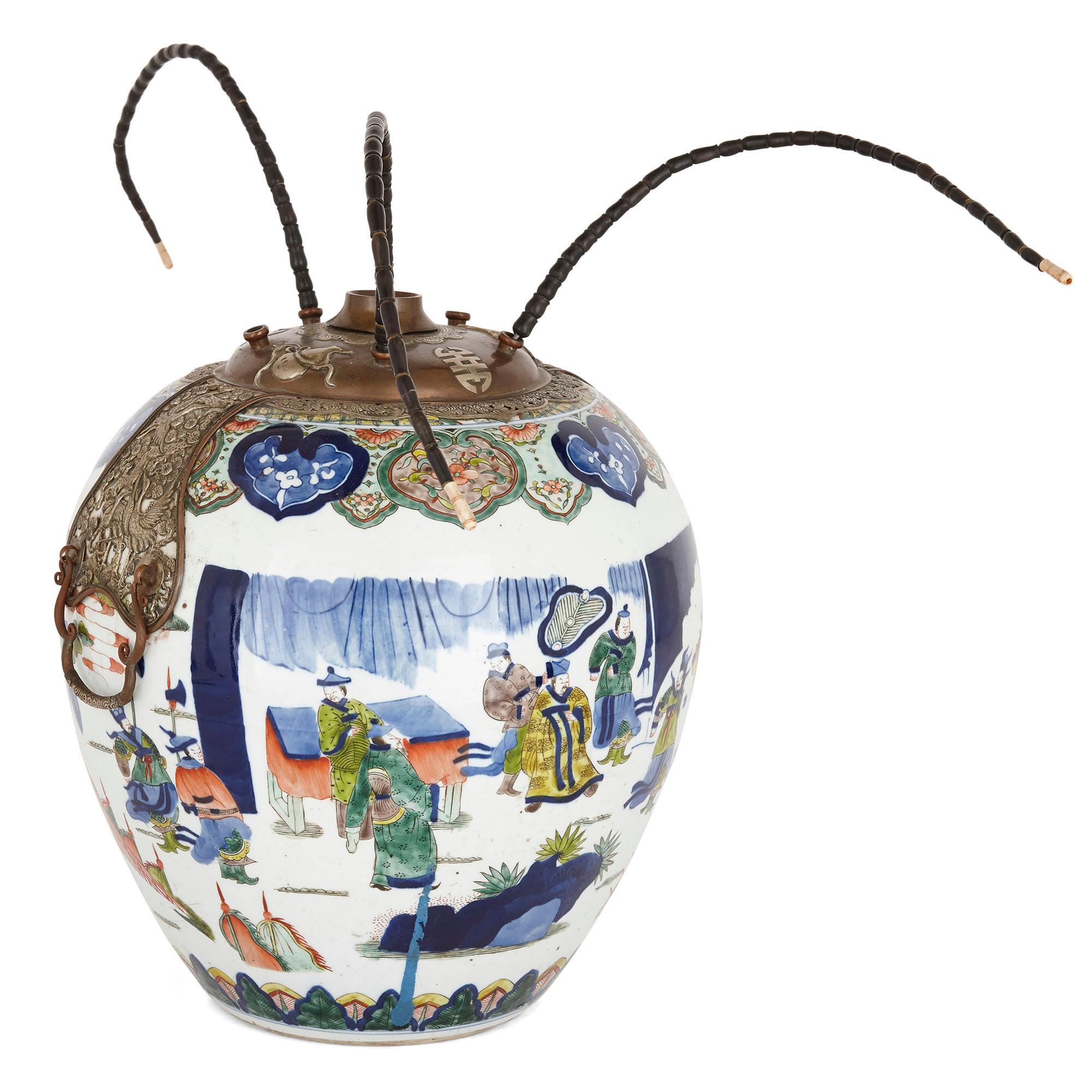 19th century Chinese porcelain opium jar 
china, 19th century 
Measures: Height 38cm, diameter 35cm

This 19th century porcelain opium jar, formed in a traditional vase shape, is decorated in the 17th Century Wucai style. The body features a