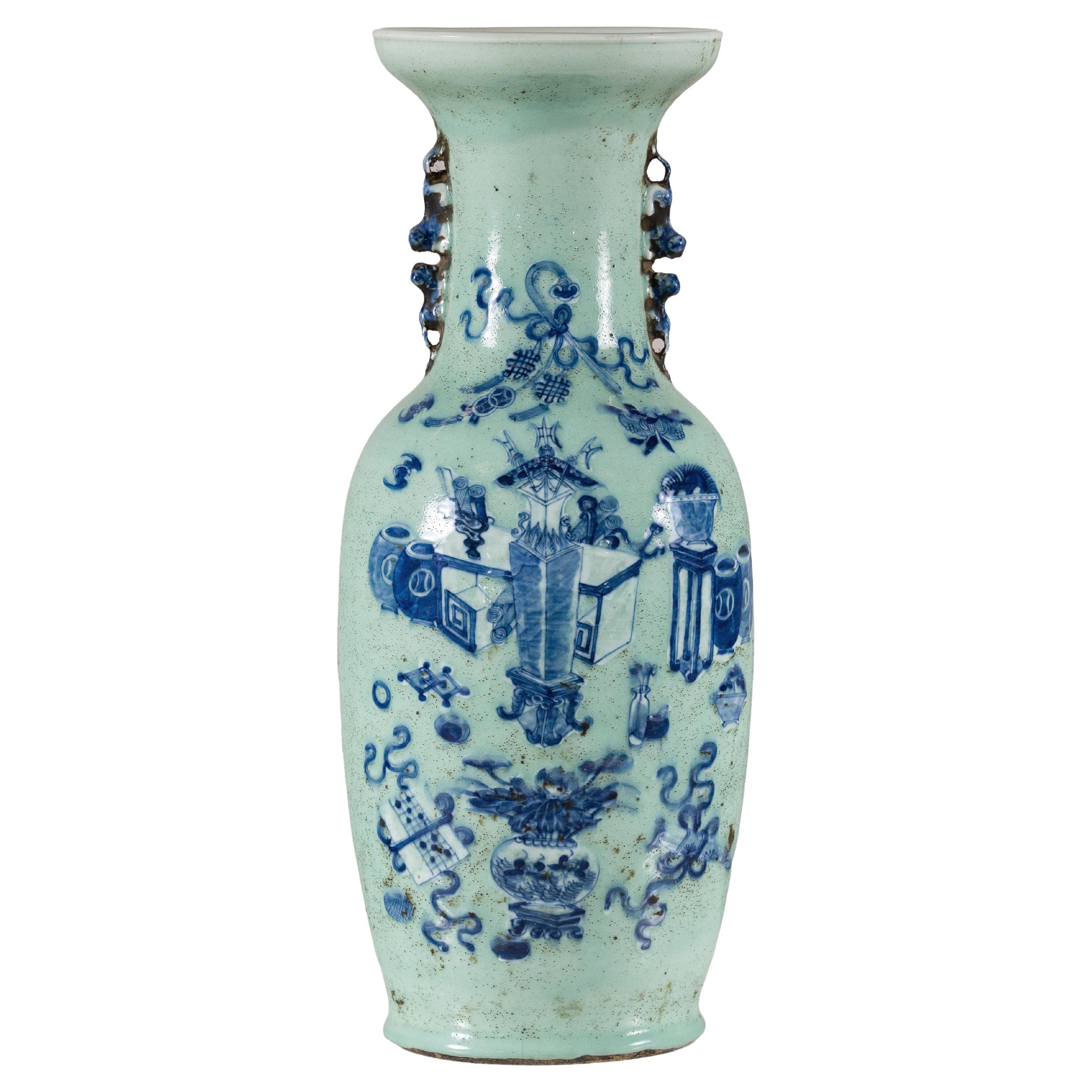 19th Century Chinese Porcelain Vase with Cobalt Blue Scholar’s Objects For Sale