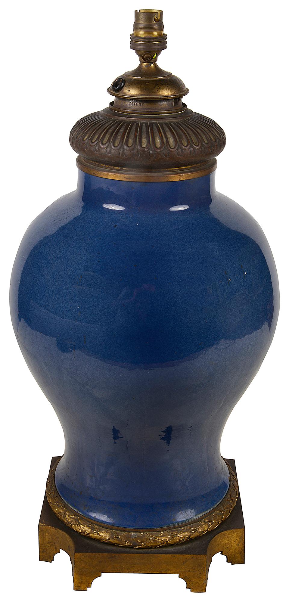 Porcelain 19th Century Chinese Powder Blue Vase / Lamp For Sale
