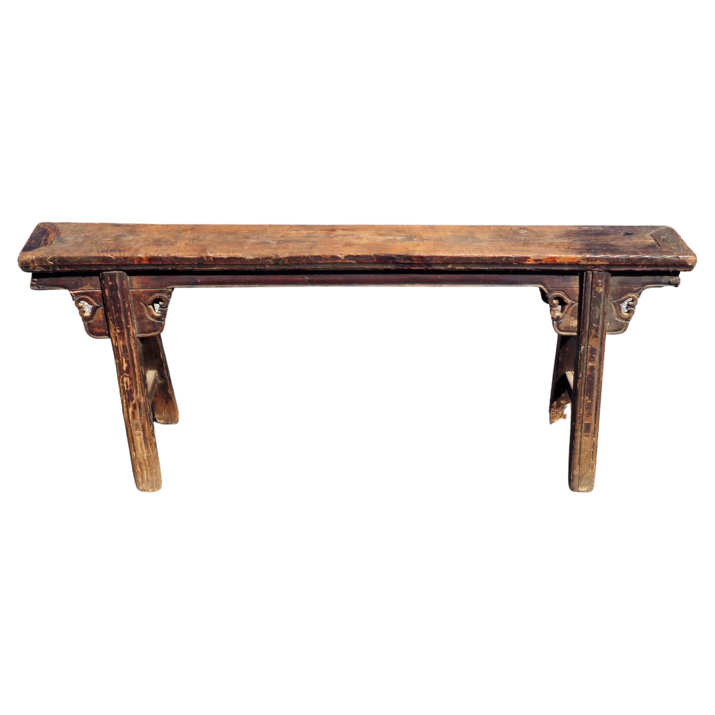 19th Century Chinese Provincial Elm Wood Bench 2