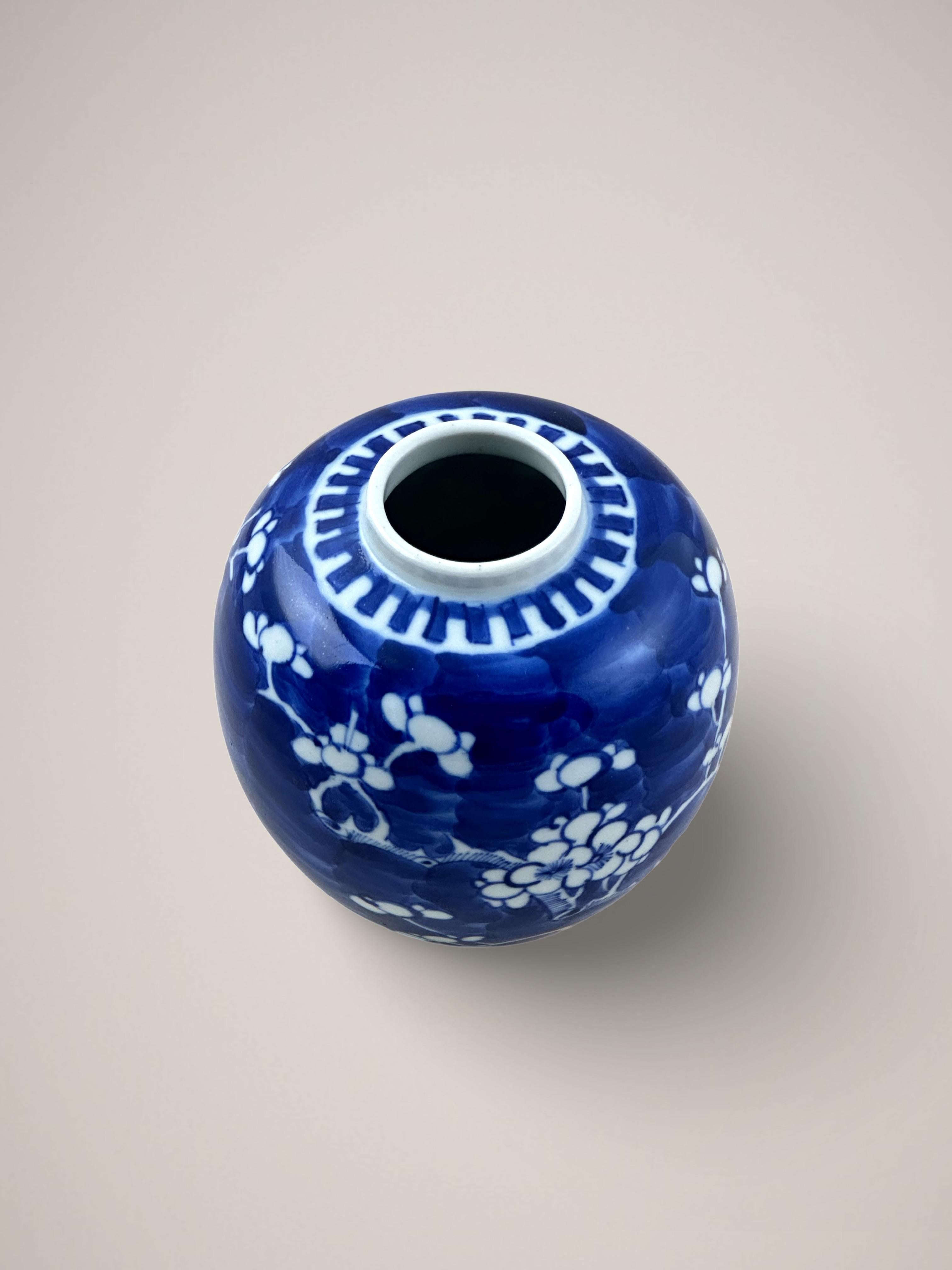 Antique Chinese ginger jar, crafted in the late 19th century during the Qing dynasty. 

Hand painted in blue enamels set against a white underglaze porcelain. Decorated and adorned with a 'Kangxi' style prunus tree, depicted against a sky of deep