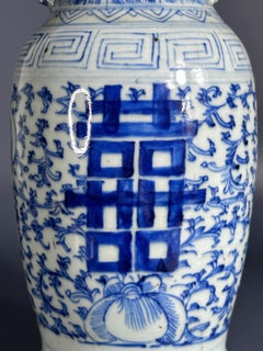 19th Century, Chinese Qing Blue and White Porcelain Vase with Foo Dogs - 11 in