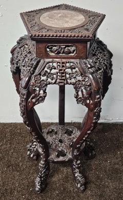 19th Century Chinese Qing Carved Rosewood and Marble Inset Stand