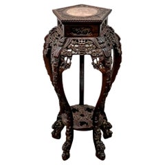 19th Century Chinese Qing Carved Rosewood and Marble Inset Stand