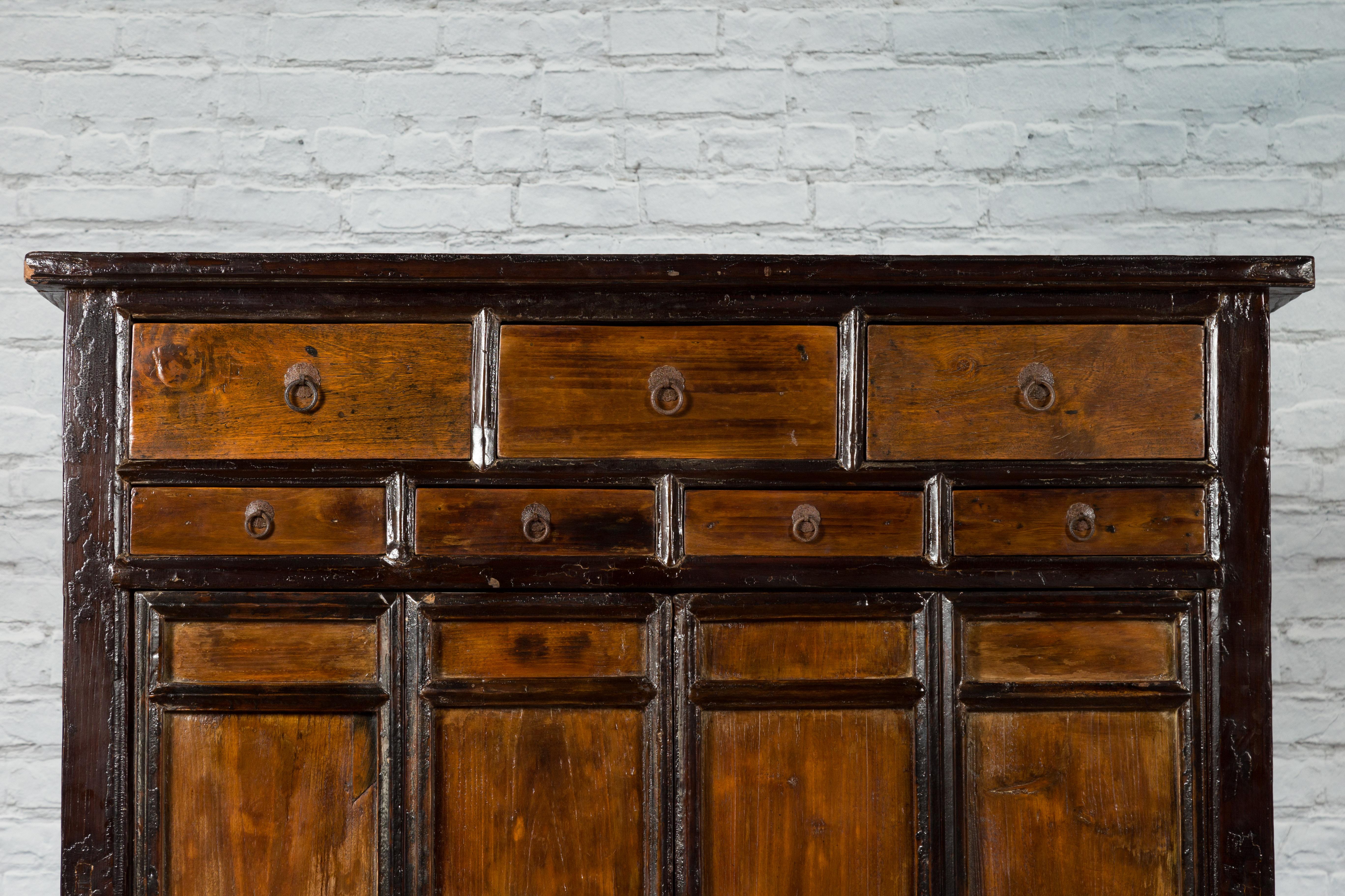 Lacquered Chinese Qing Dynasty Period Armoire Cabinet with 14 Drawers and Two Doors, 1900s For Sale