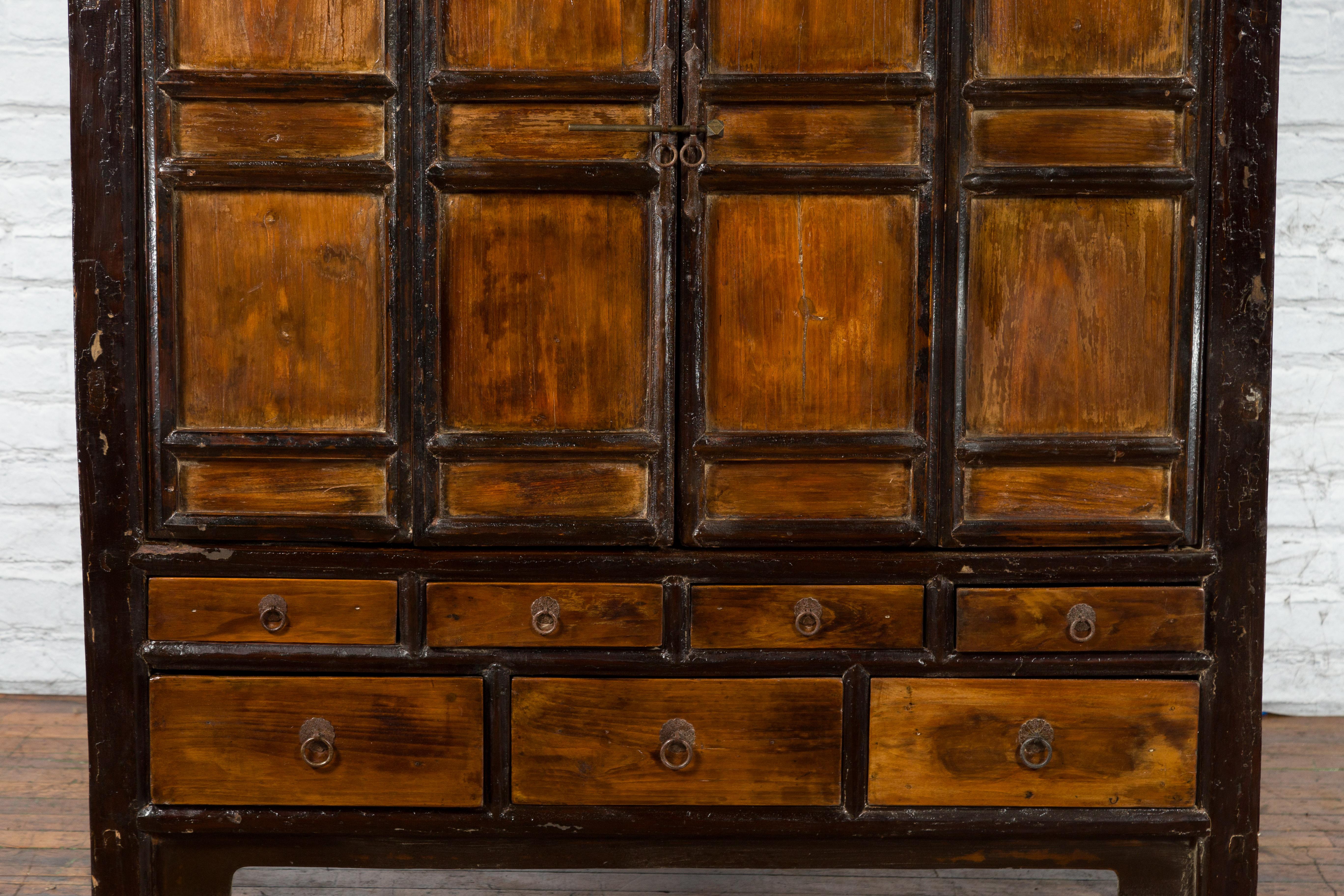 Lacquered Qing Dynasty Period Armoire Cabinet with 14 Drawers and Two Doors, 1900s For Sale