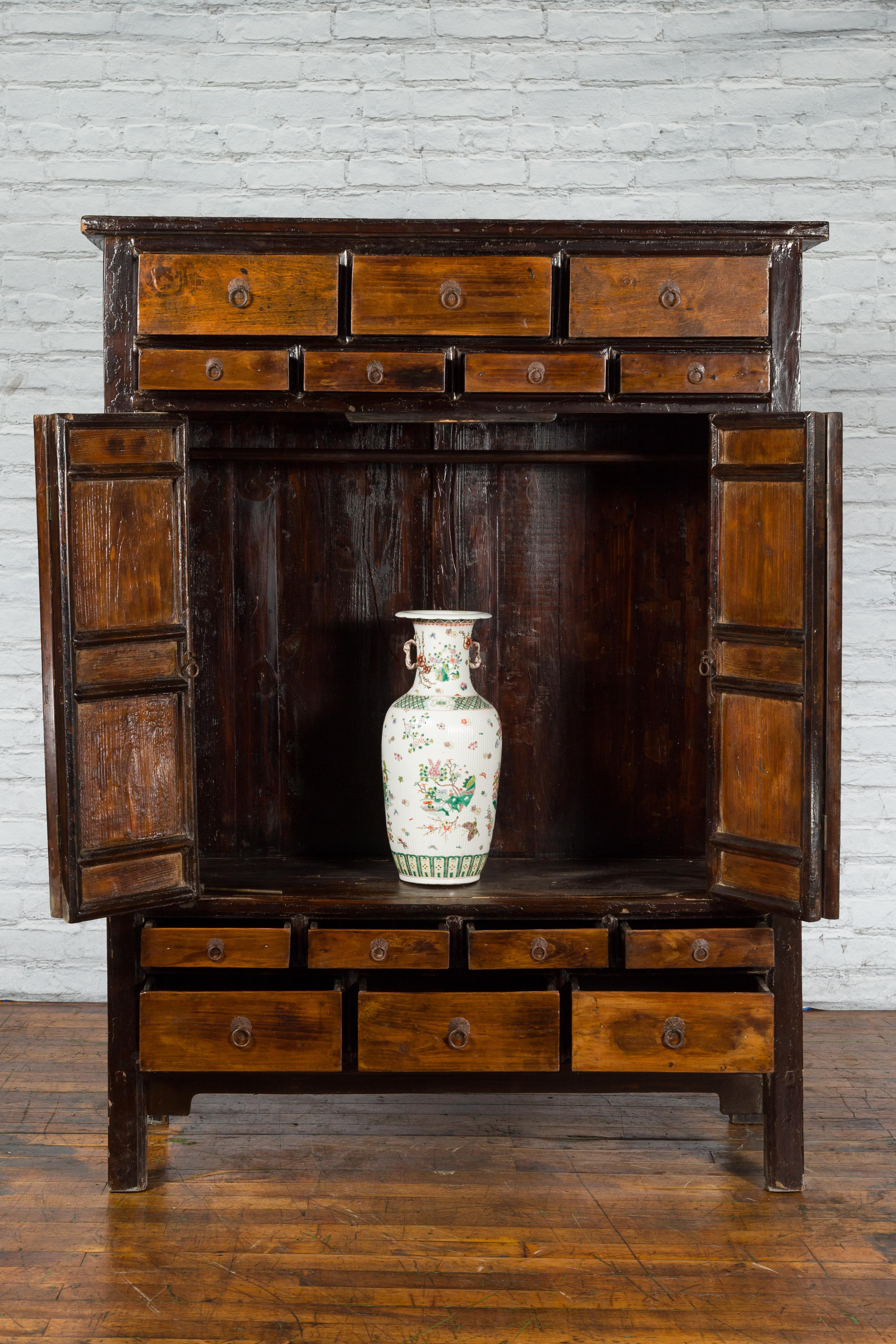 Chinese Qing Dynasty Period Armoire Cabinet with 14 Drawers and Two Doors, 1900s For Sale 1