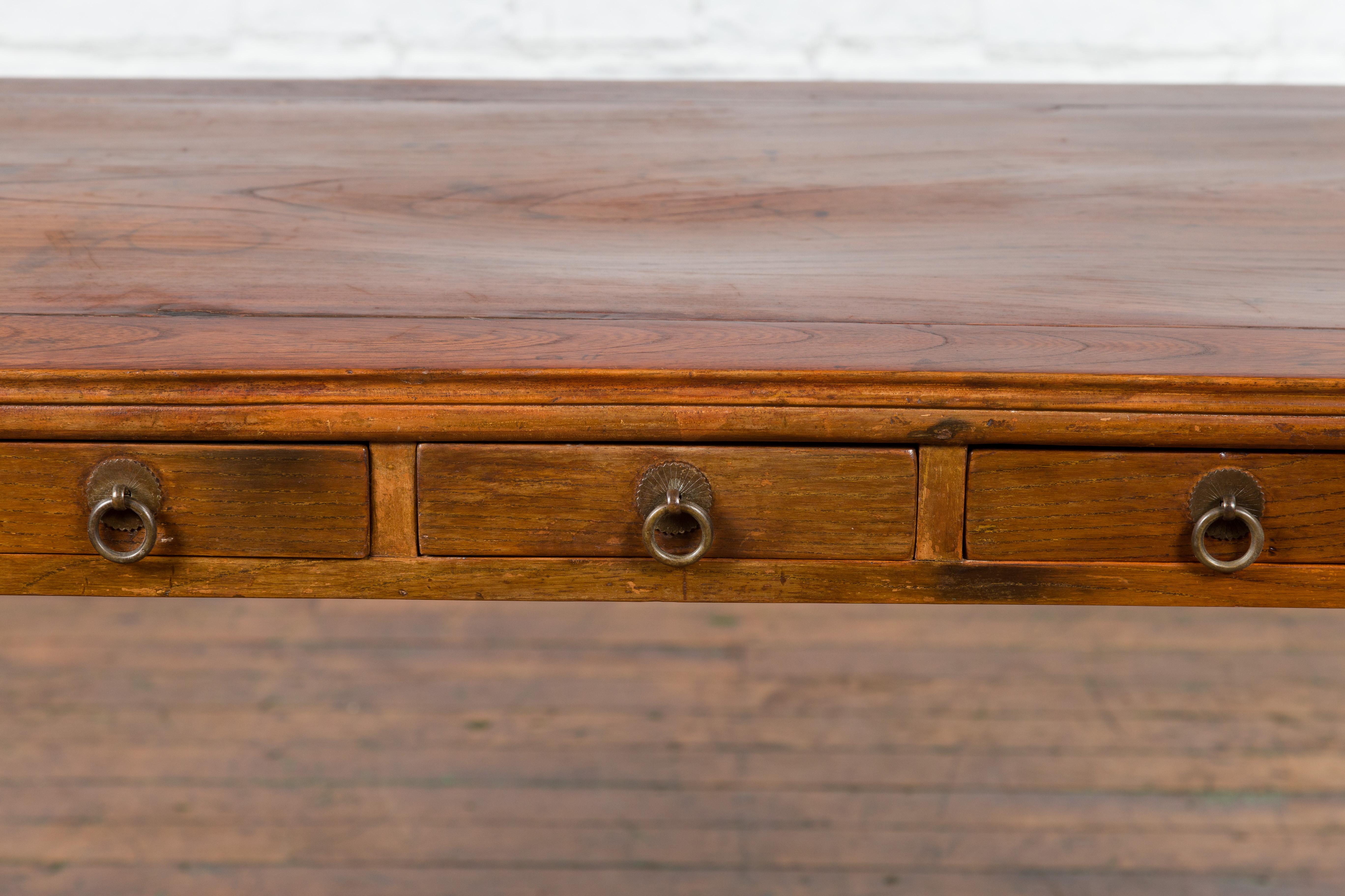 19th Century Chinese Qing Dynasty Desk with Three Drawers and Horse Hoof Feet 2