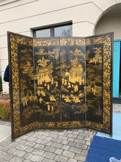 19th Century Chinese Qing Dynasty Gilt Lacquered Four-Panel Screen