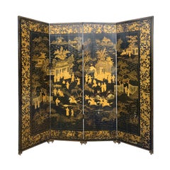 19th Century Chinese Qing Dynasty Gilt Lacquered Four-Panel Screen