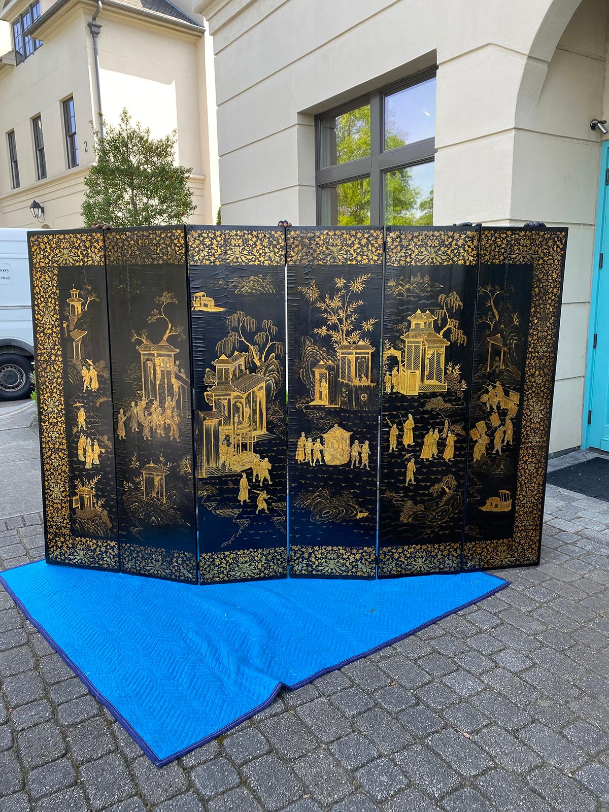 19th century Chinese Qing dynasty gilt lacquered six panel screen.