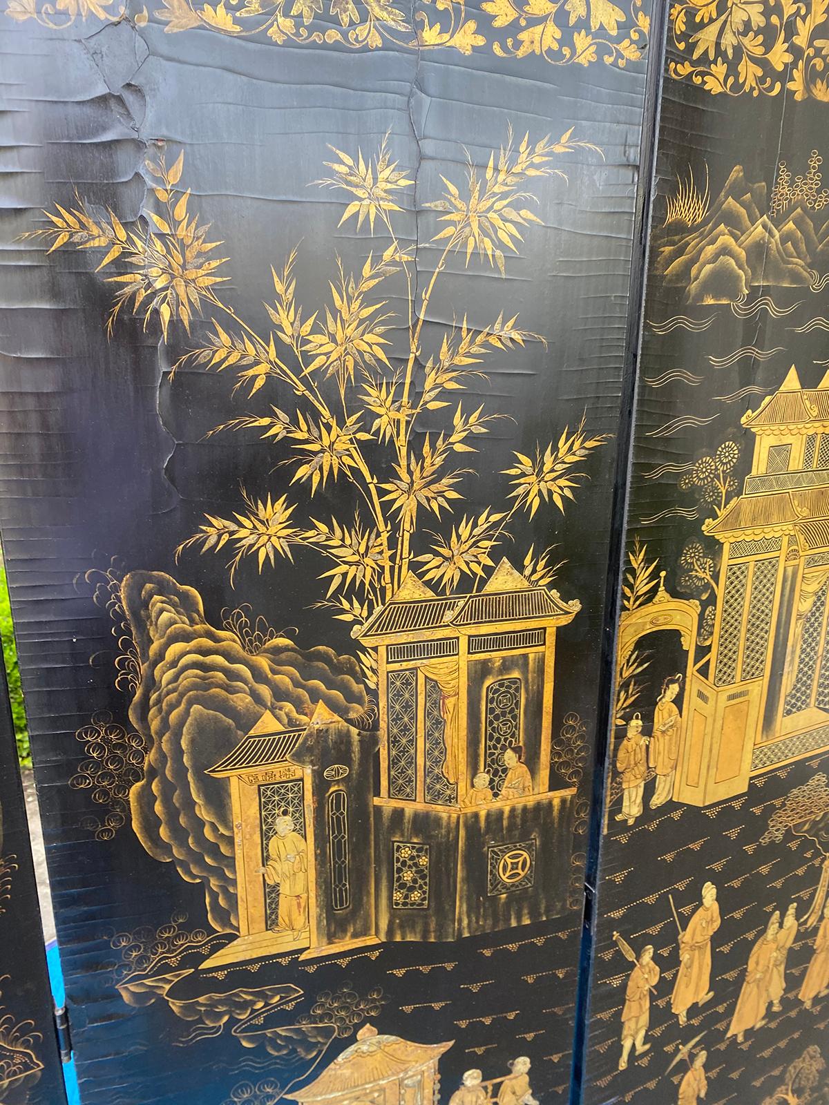 19th Century Chinese Qing Dynasty Gilt Lacquered Six Panel Screen For Sale 5