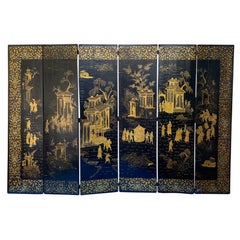19th Century Chinese Qing Dynasty Gilt Lacquered Six Panel Screen