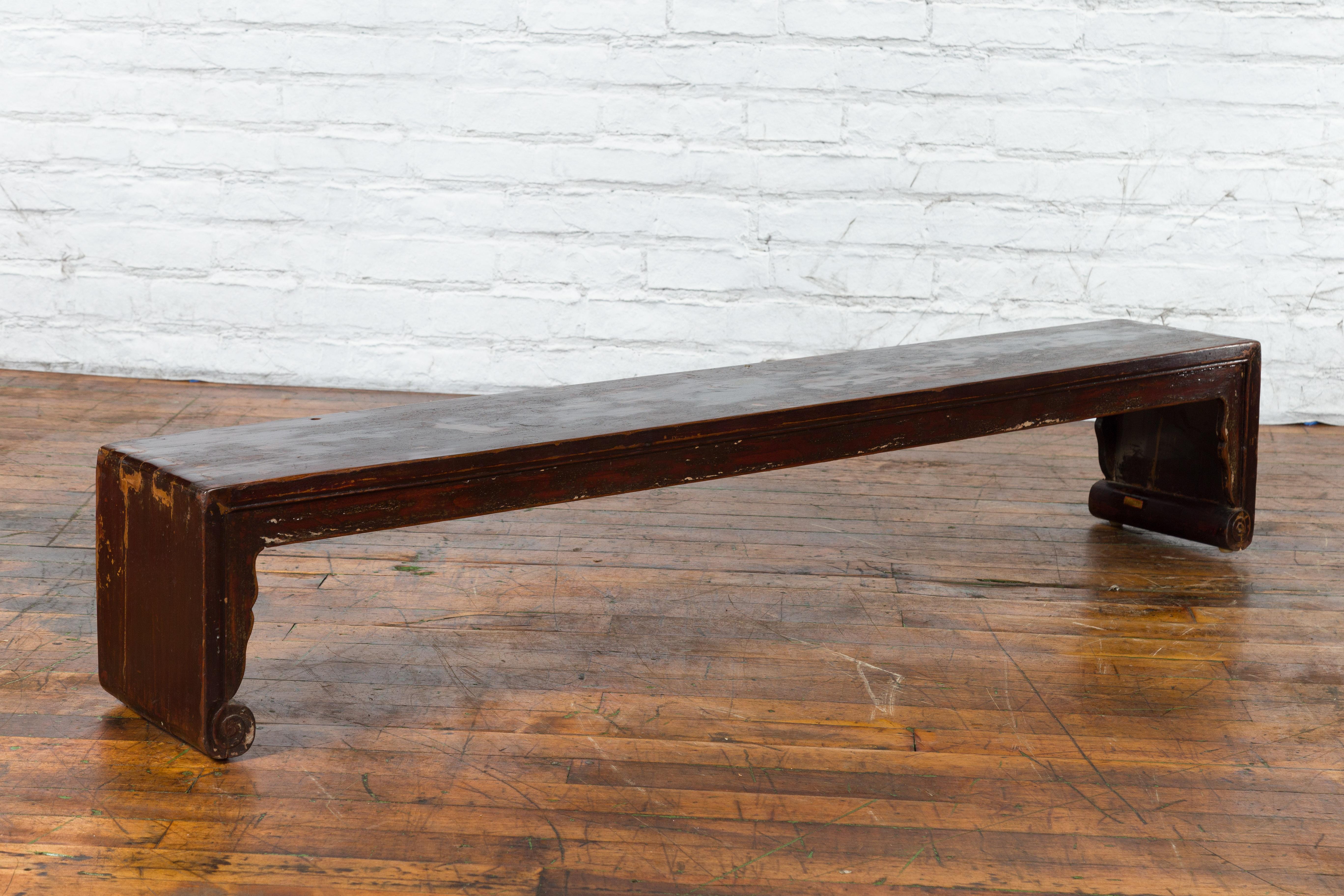 19th Century Chinese Qing Dynasty Low Waterfall Style Prayer Table with Patina For Sale 5