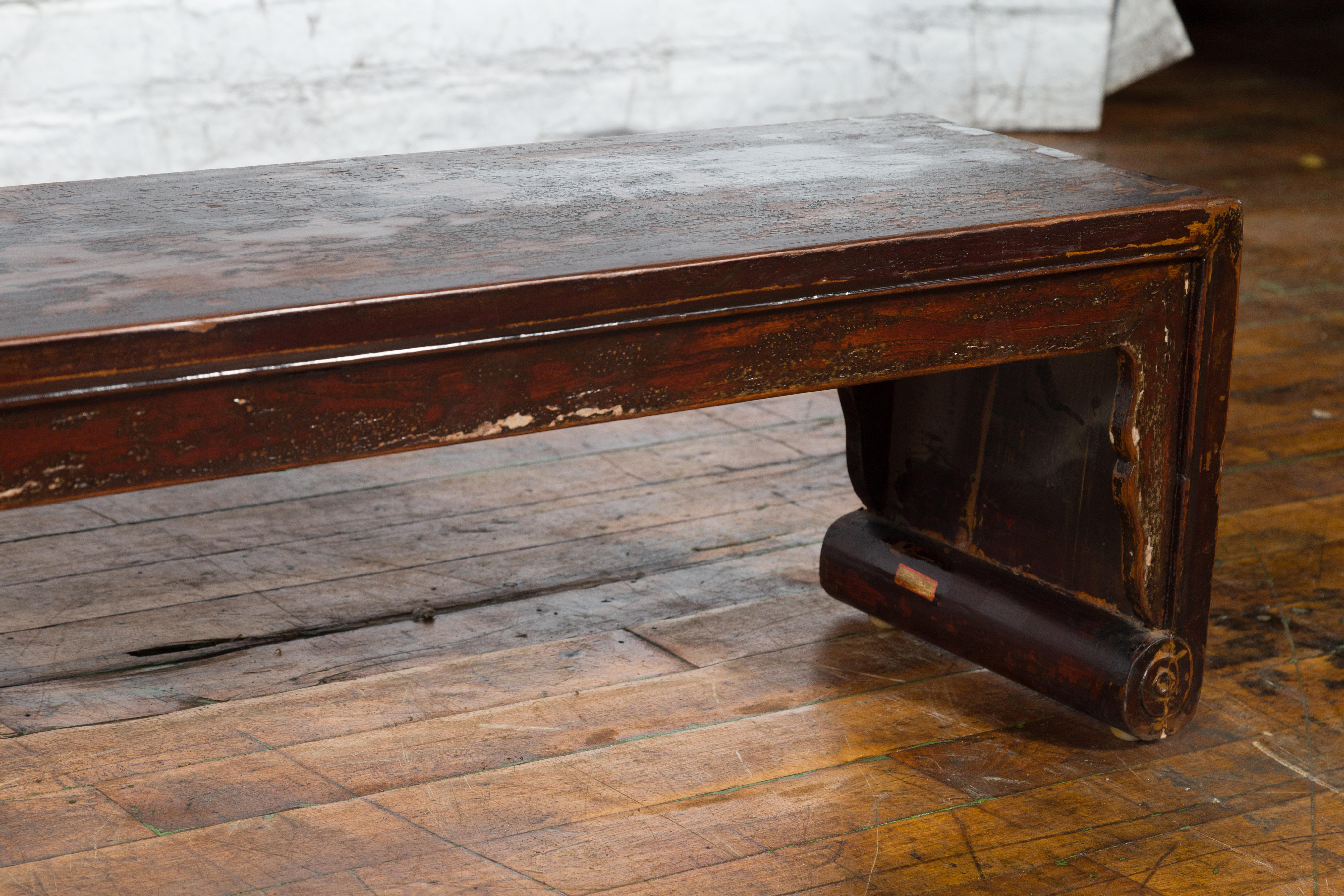 Wood 19th Century Chinese Qing Dynasty Low Waterfall Style Prayer Table with Patina For Sale