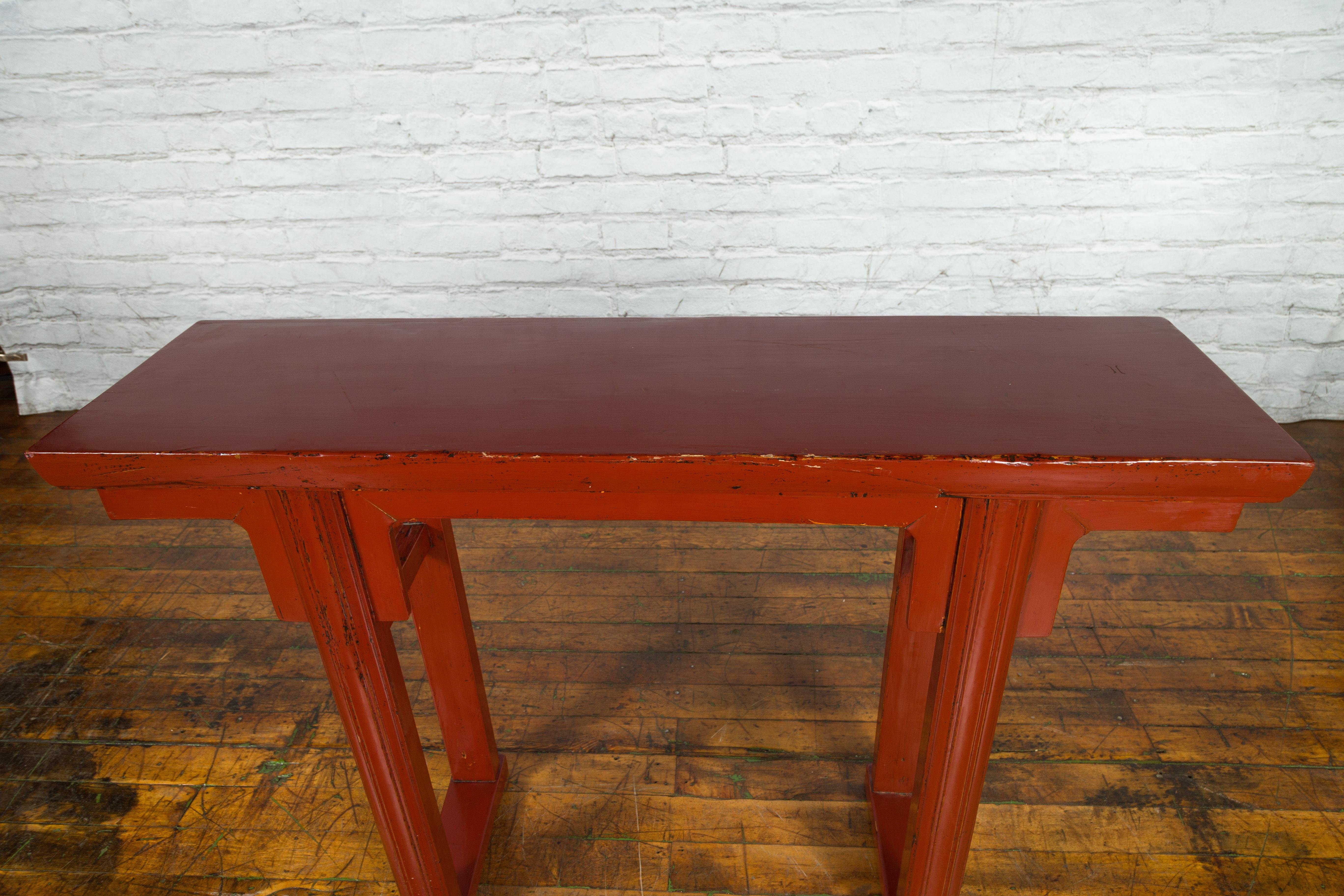 19th Century Chinese Qing Dynasty Period Red Lacquer Console Altar Table For Sale 5