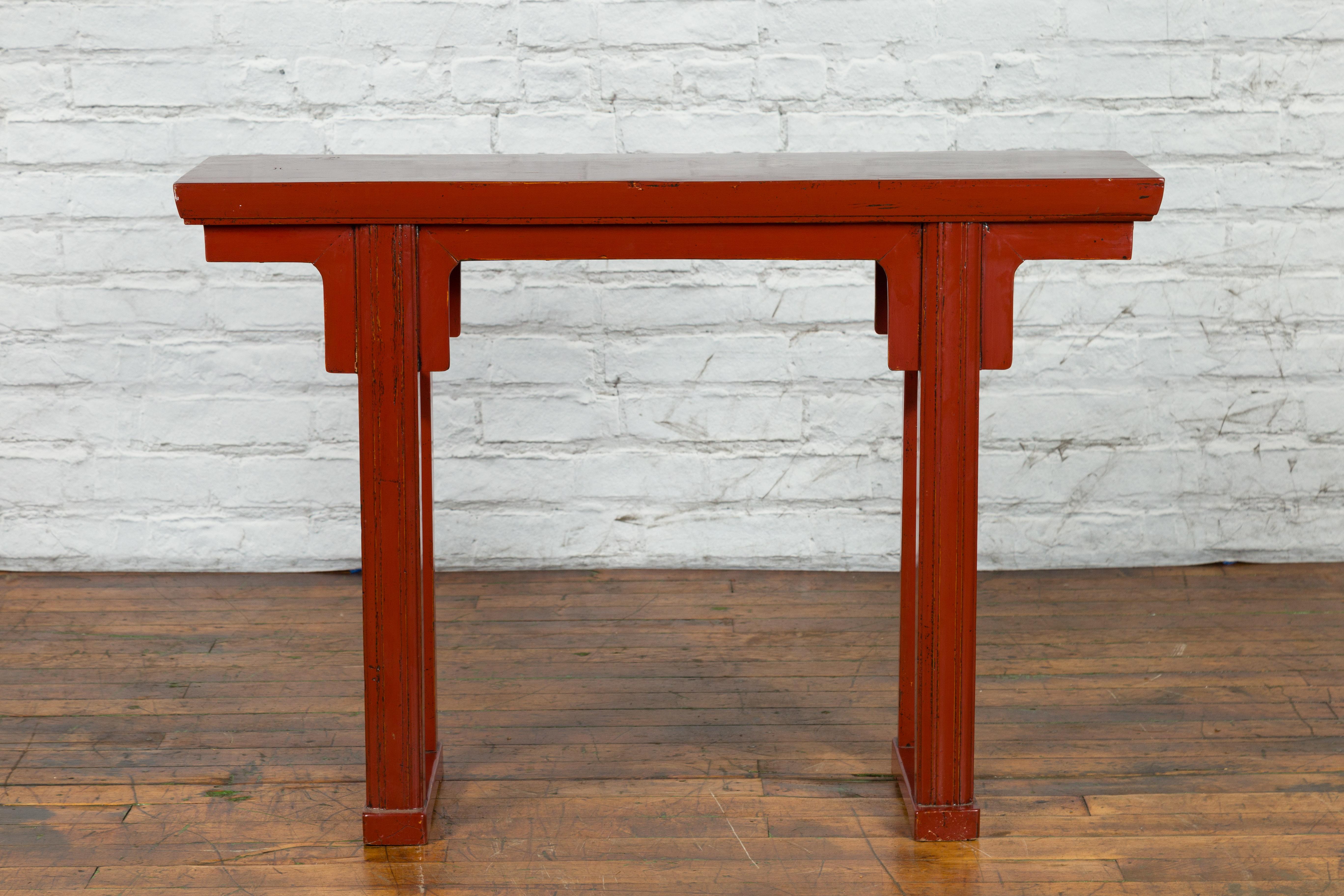 19. Jahrhundert Chinesisch Qing Dynasty Periode Rot Lack Konsole Altar Tisch im Angebot 6