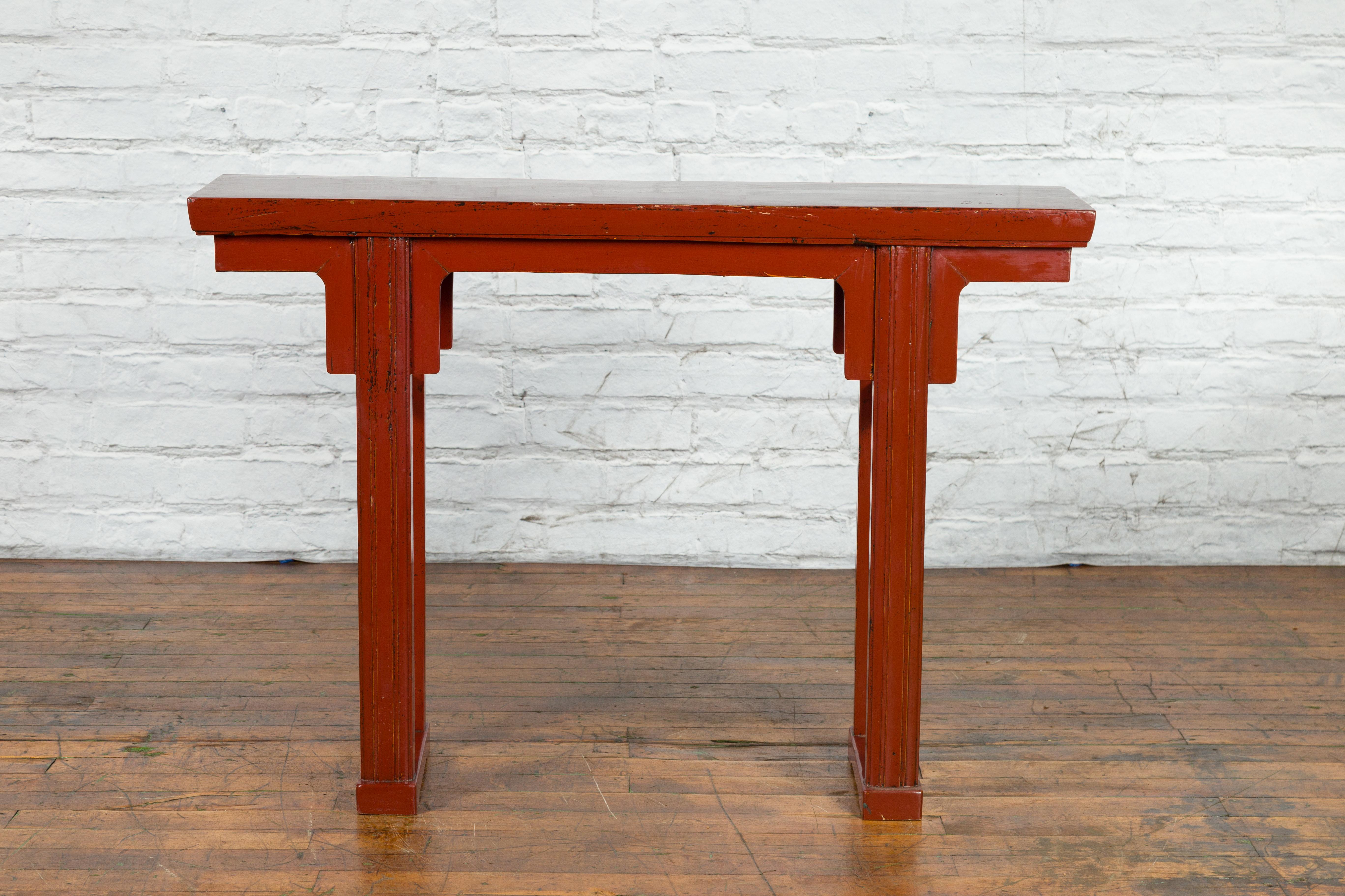 Lacquered 19th Century Chinese Qing Dynasty Period Red Lacquer Console Altar Table For Sale