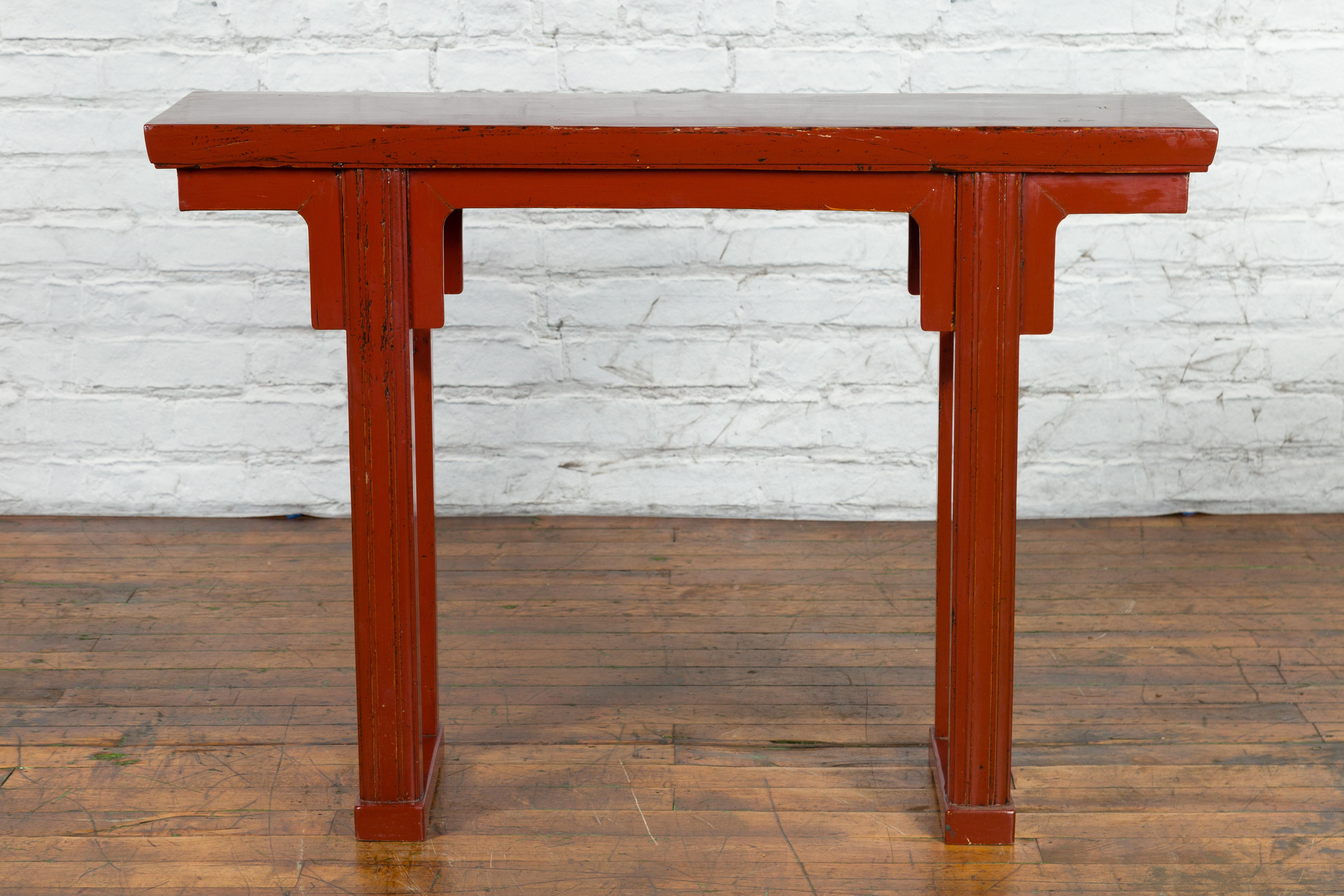 Elm 19th Century Chinese Qing Dynasty Period Red Lacquer Console Altar Table For Sale