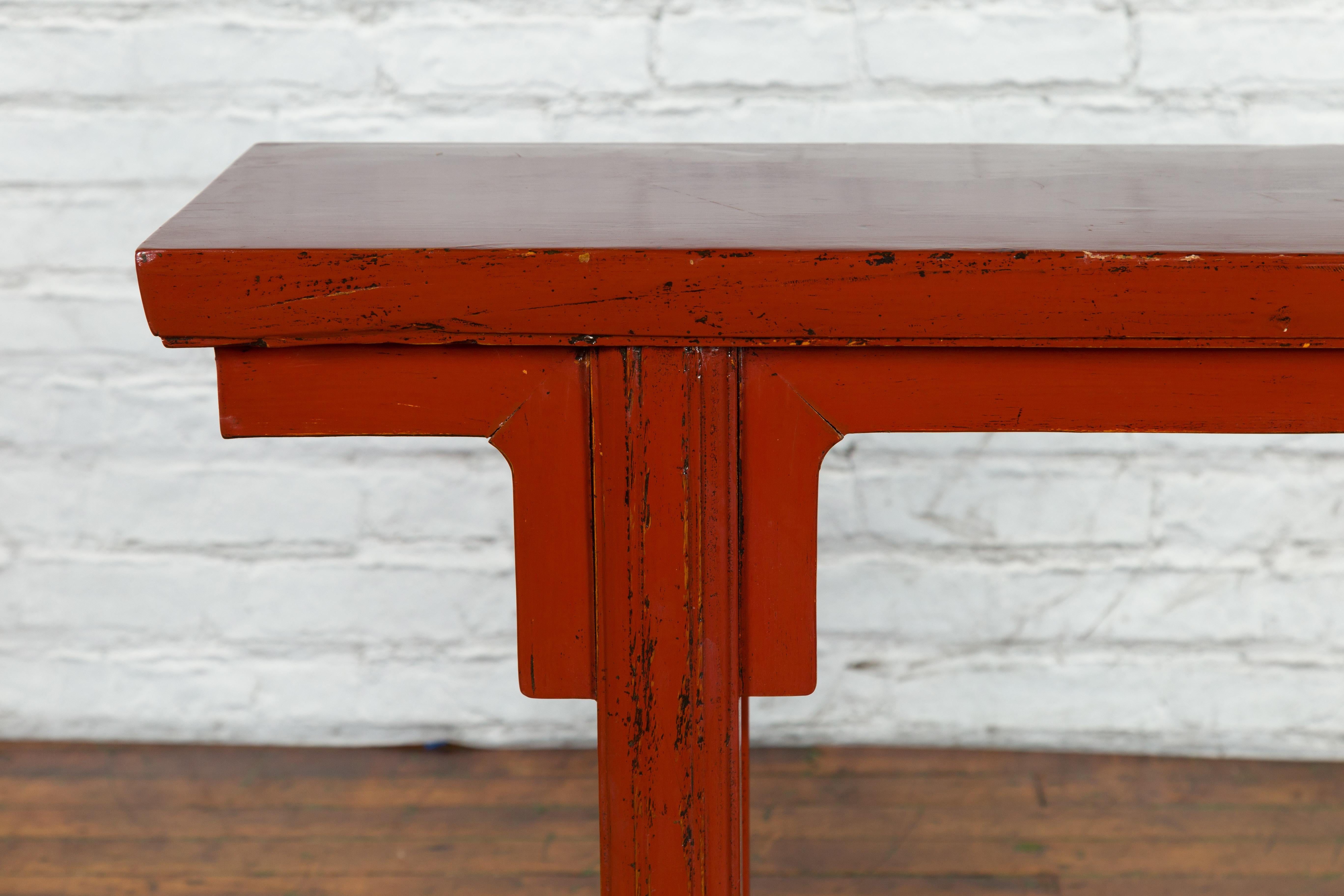 19th Century Chinese Qing Dynasty Period Red Lacquer Console Altar Table For Sale 1