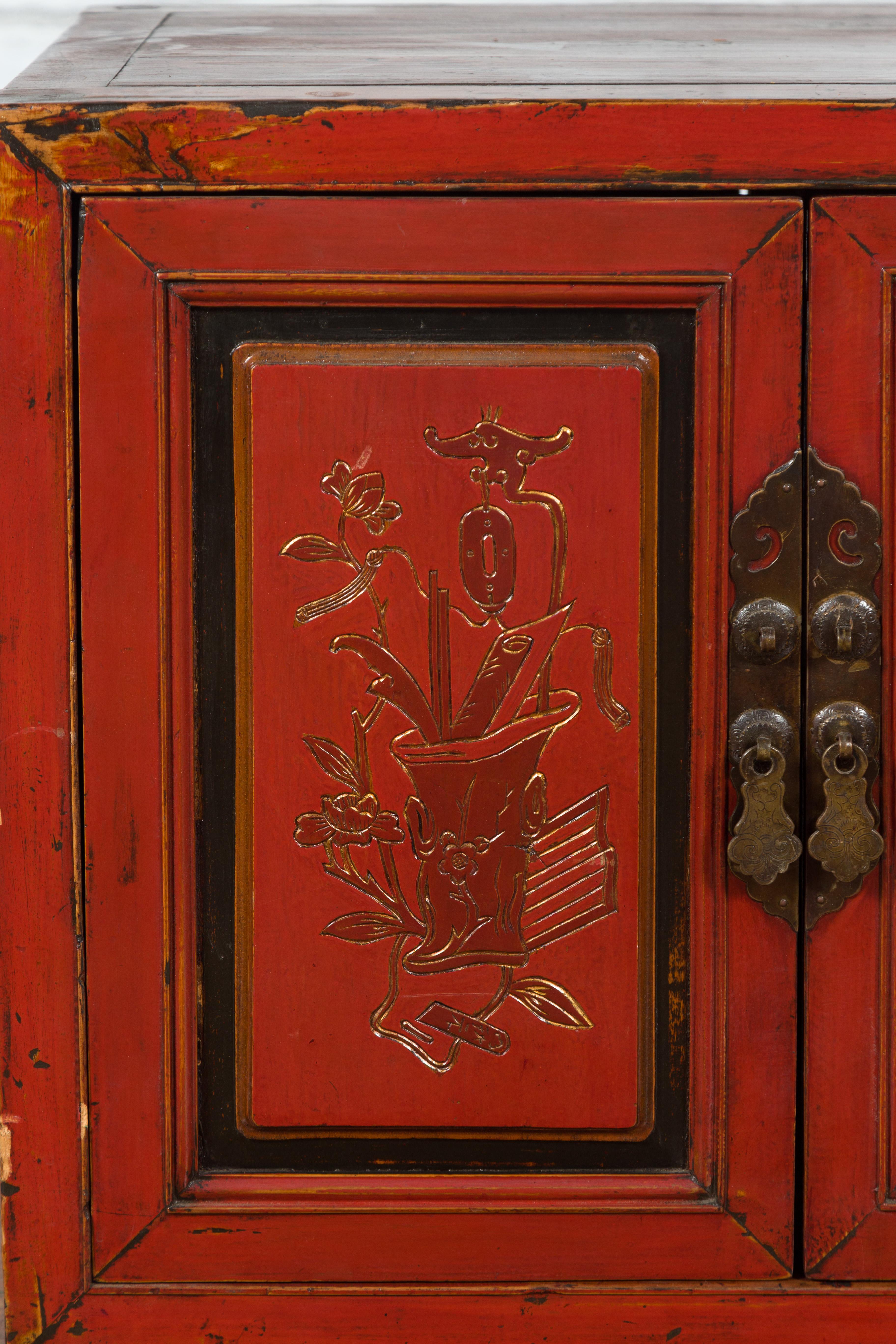 19th Century Chinese Qing Dynasty Red Lacquer Cabinet with Hand-Carved Doors For Sale 6