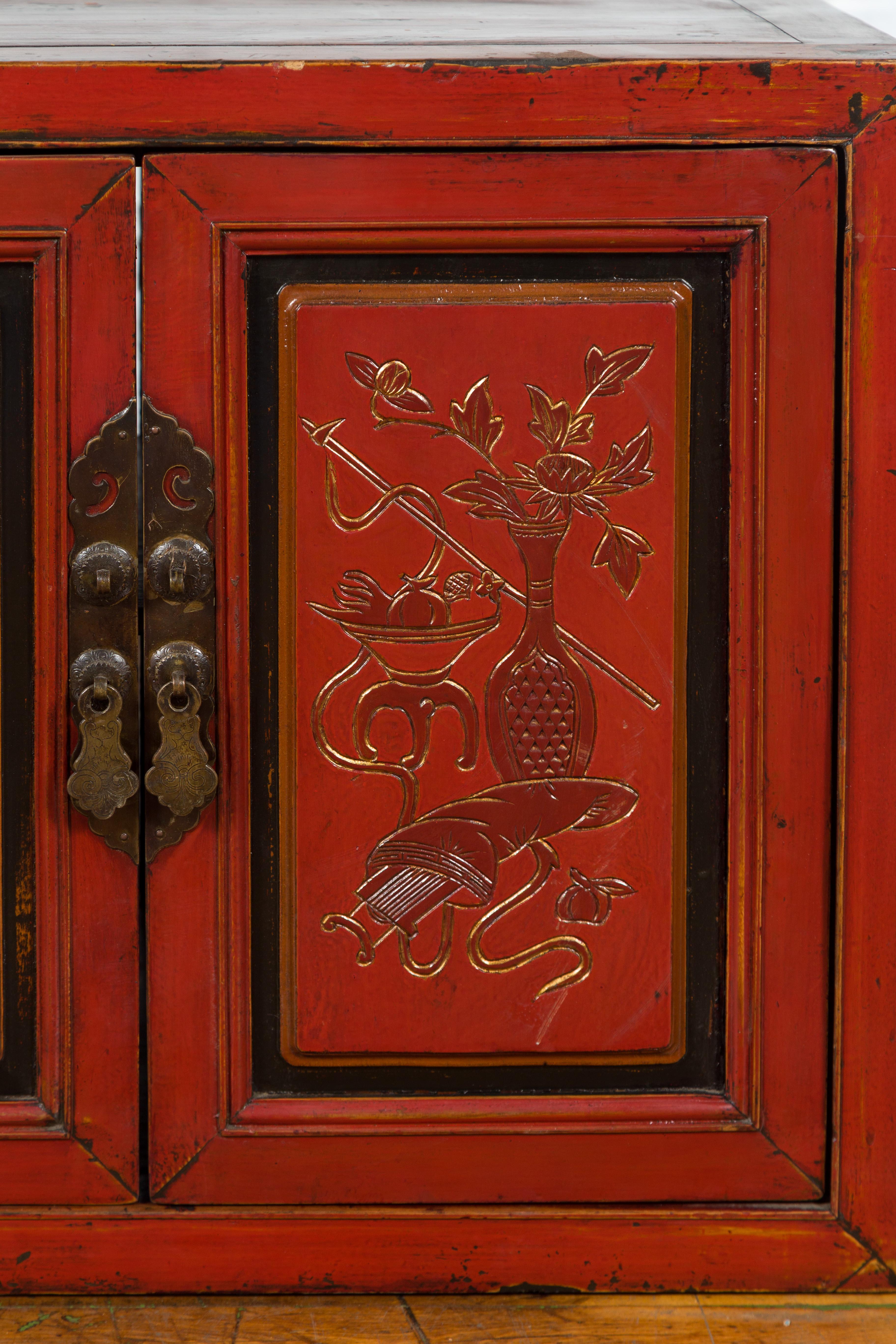 19th Century Chinese Qing Dynasty Red Lacquer Cabinet with Hand-Carved Doors For Sale 7