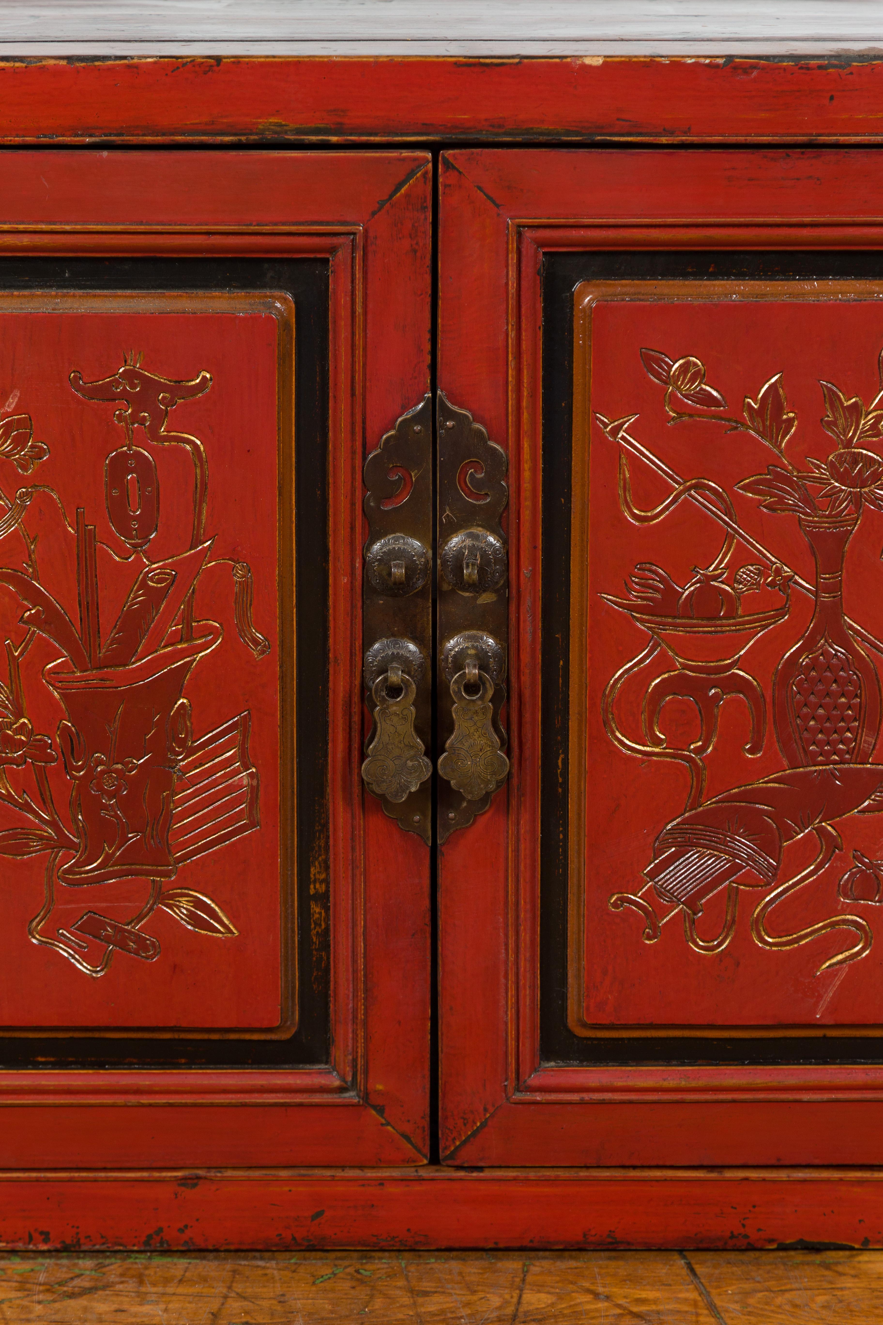 19th Century Chinese Qing Dynasty Red Lacquer Cabinet with Hand-Carved Doors For Sale 8