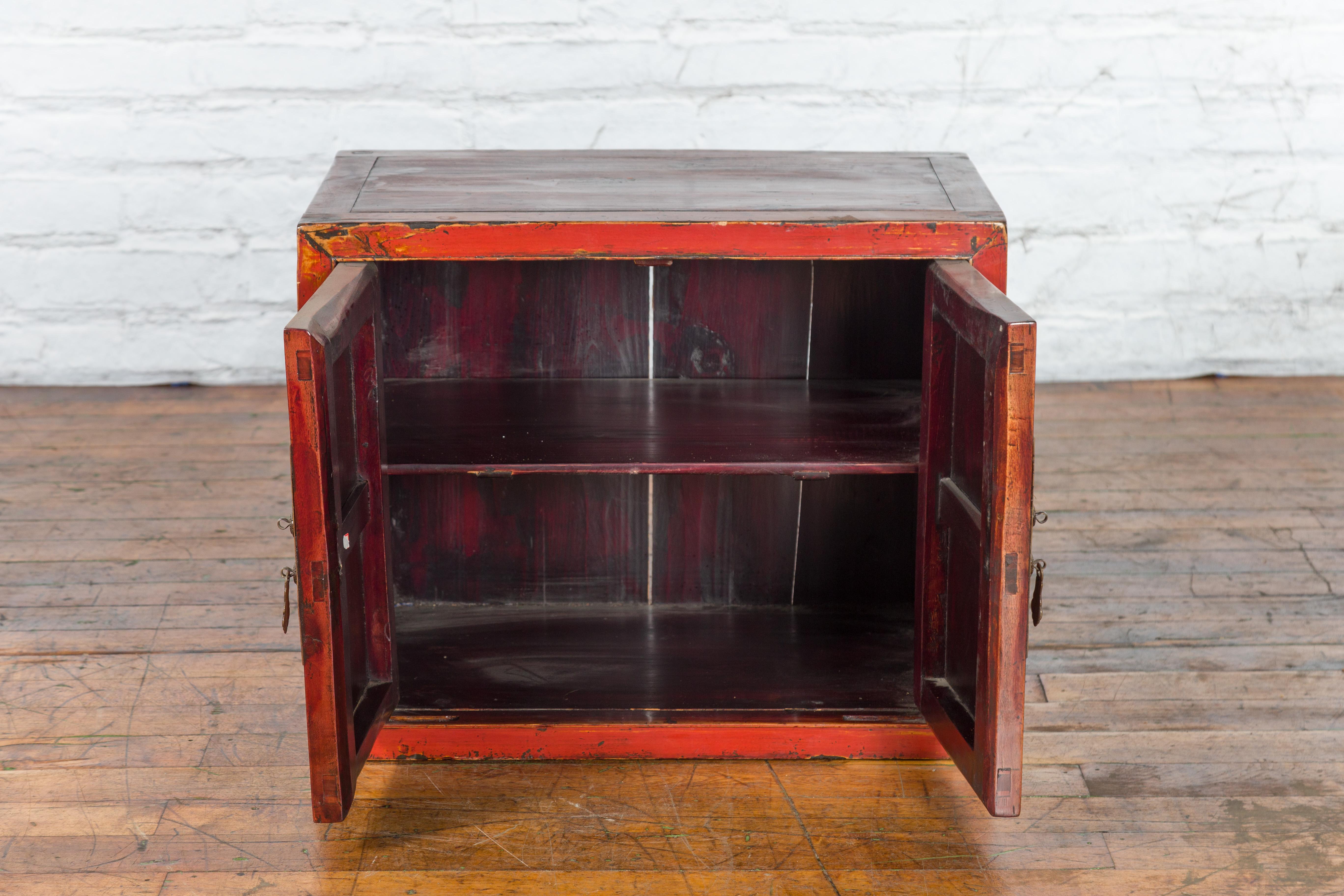 19th Century Chinese Qing Dynasty Red Lacquer Cabinet with Hand-Carved Doors For Sale 10