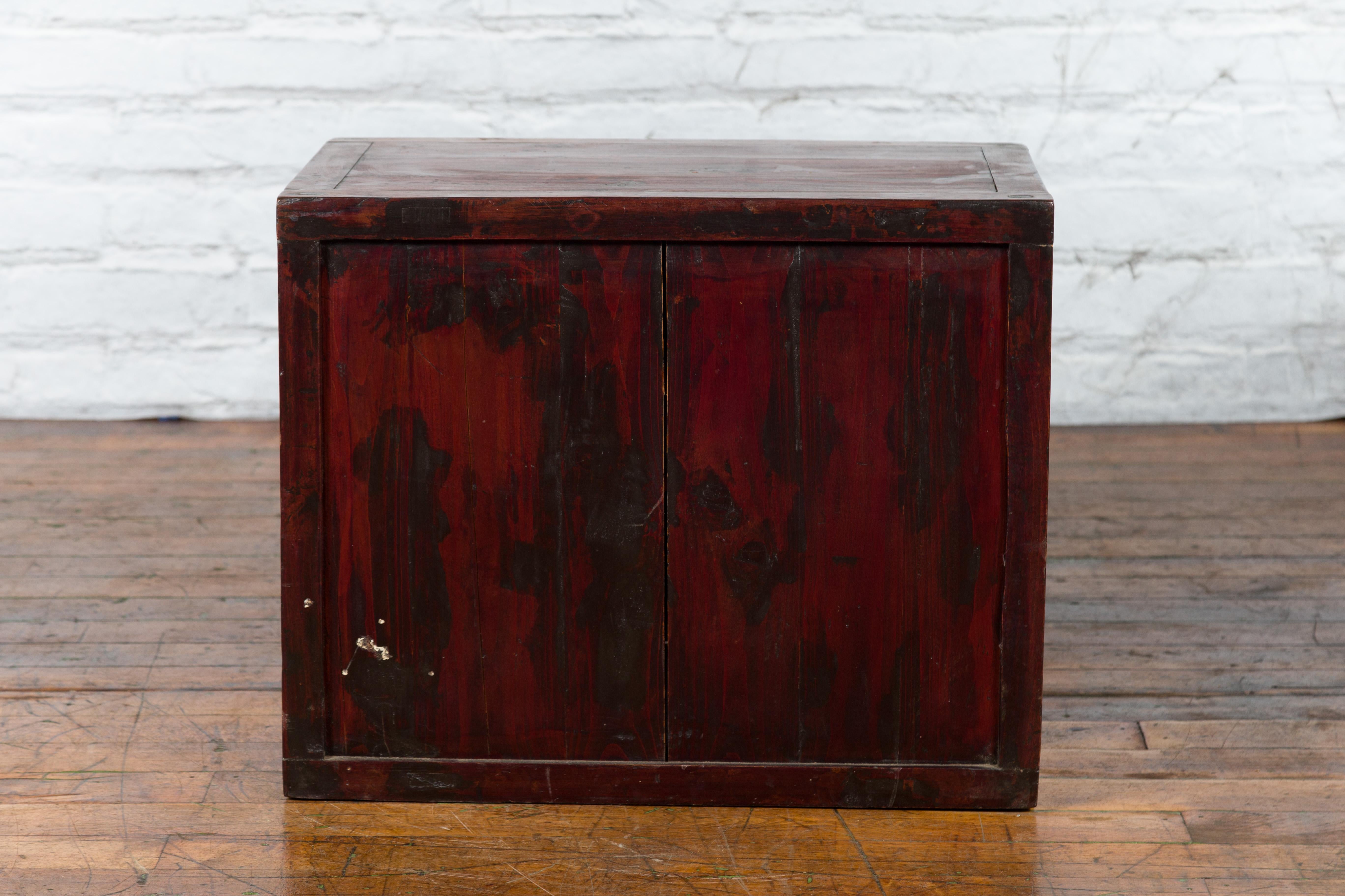 19th Century Chinese Qing Dynasty Red Lacquer Cabinet with Hand-Carved Doors For Sale 12