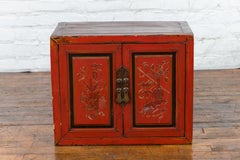 19th Century Qing Dynasty Red Lacquer Cabinet with Hand-Carved Doors