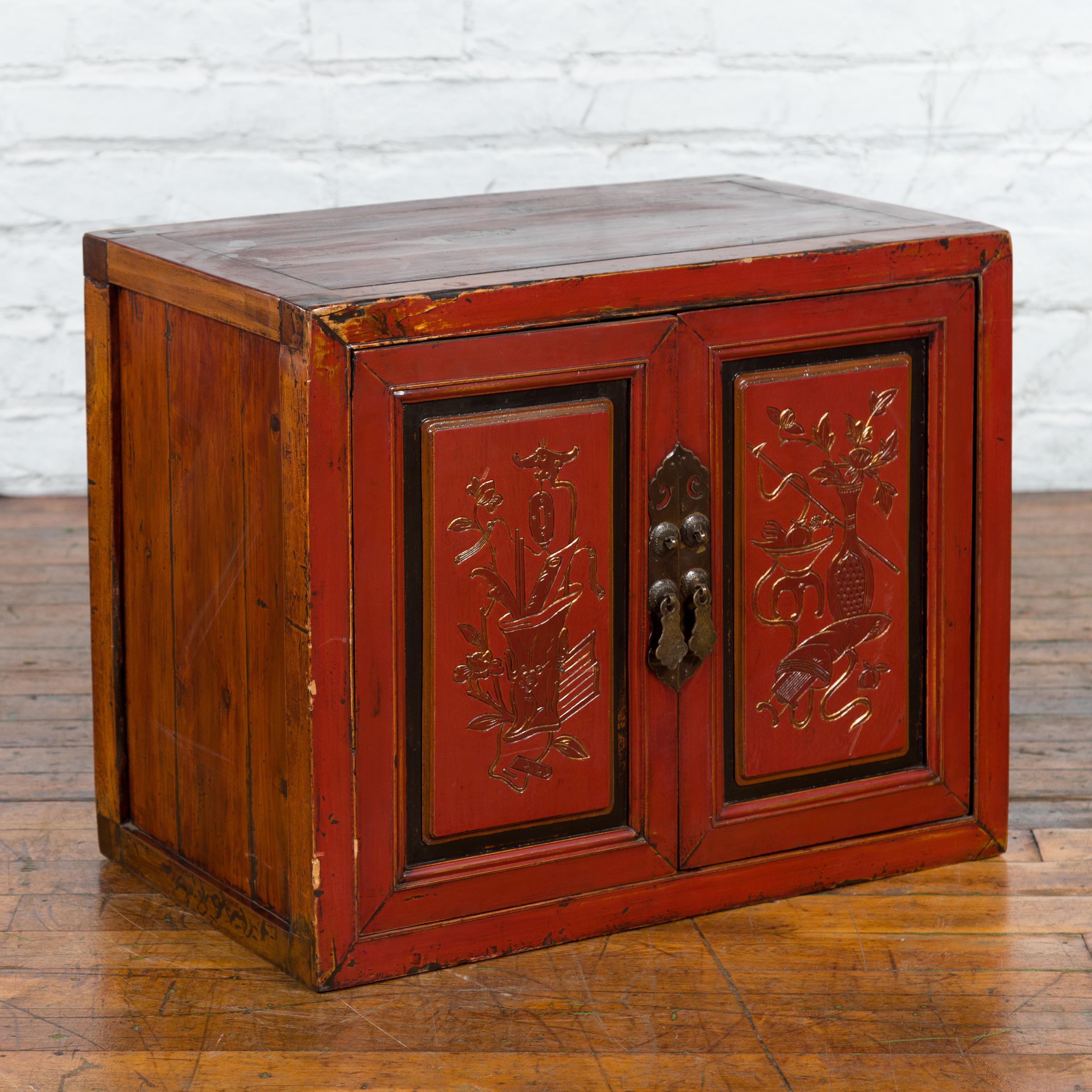 Wood 19th Century Chinese Qing Dynasty Red Lacquer Cabinet with Hand-Carved Doors For Sale