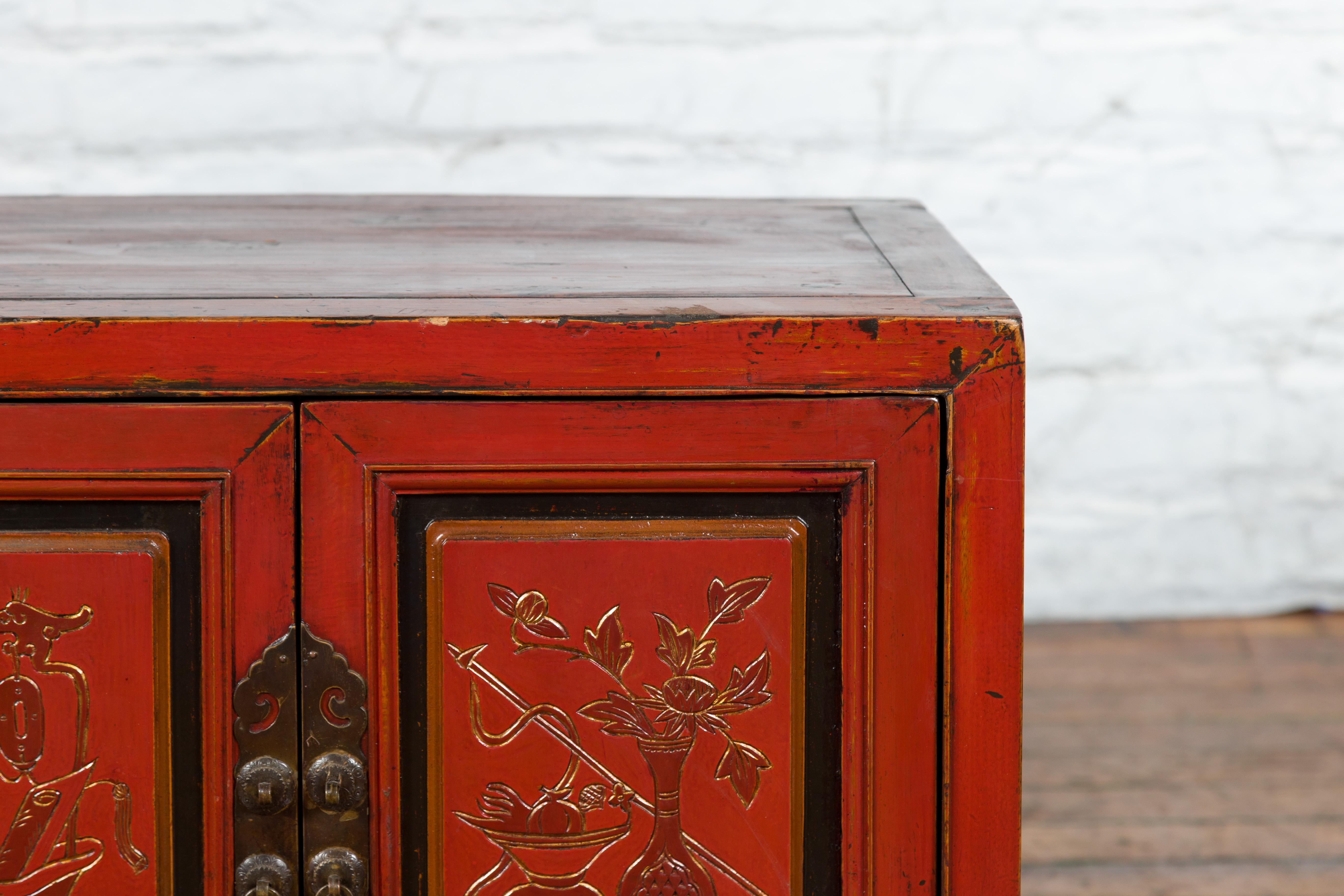 19th Century Chinese Qing Dynasty Red Lacquer Cabinet with Hand-Carved Doors For Sale 3