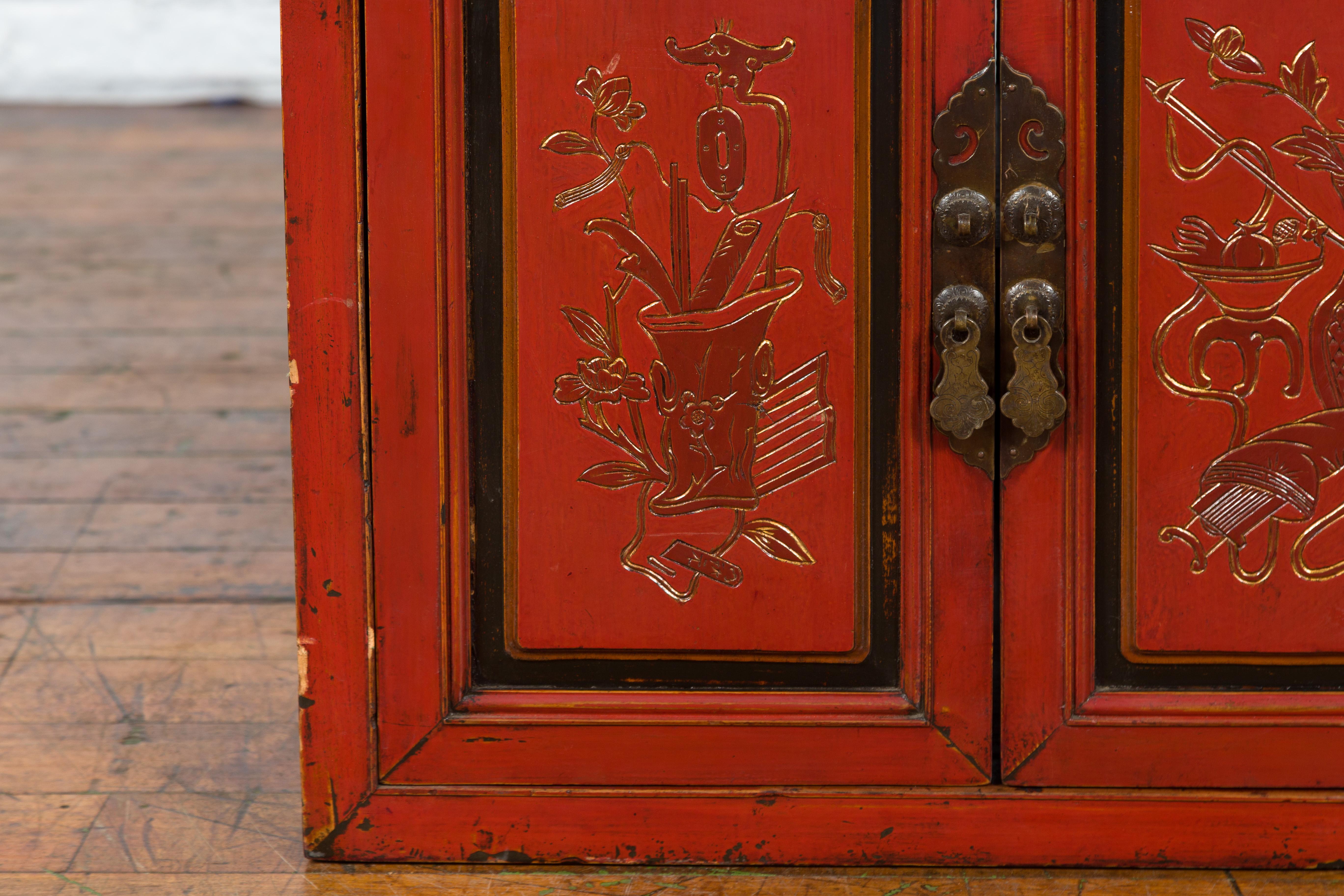 19th Century Chinese Qing Dynasty Red Lacquer Cabinet with Hand-Carved Doors For Sale 4