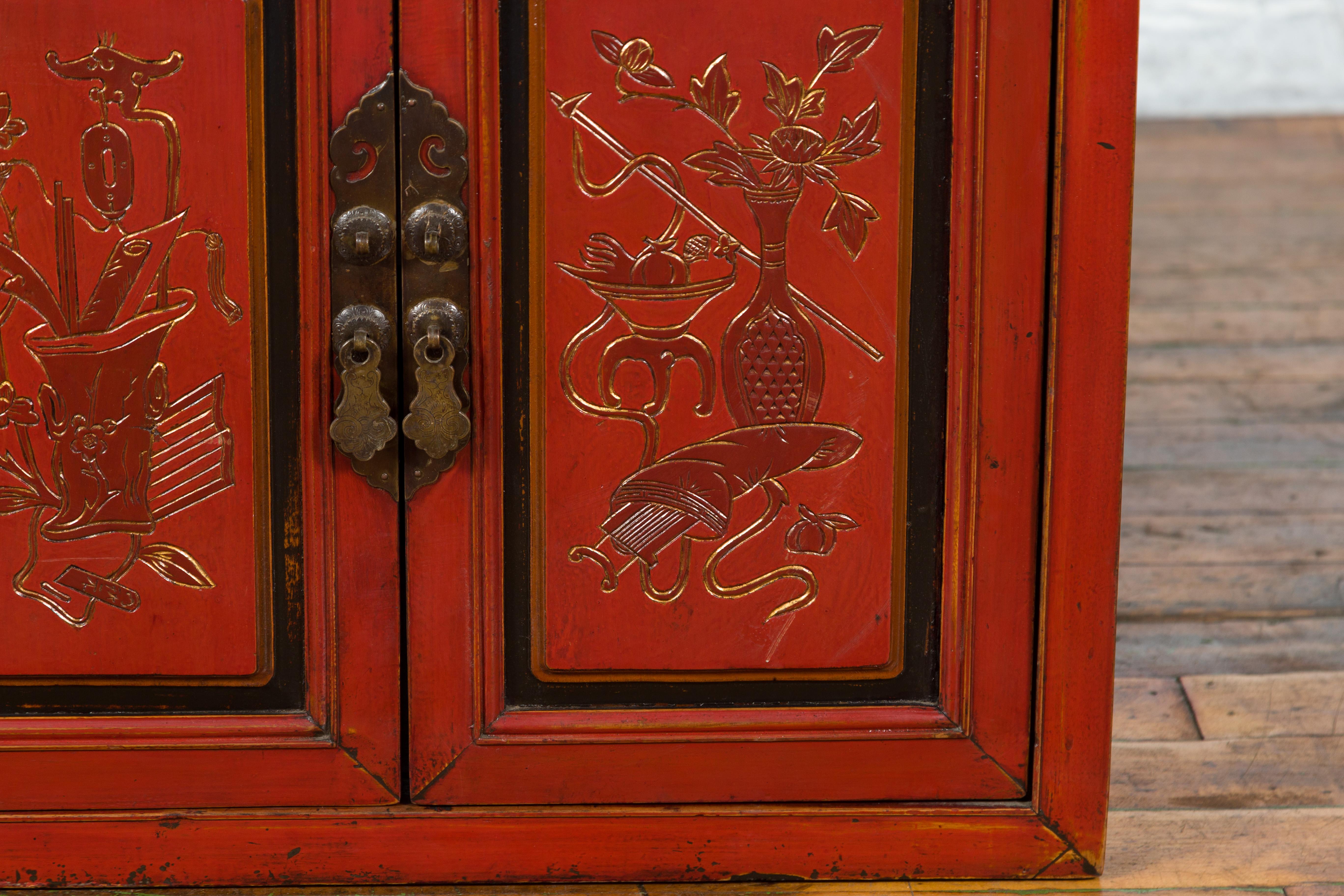 19th Century Chinese Qing Dynasty Red Lacquer Cabinet with Hand-Carved Doors For Sale 5