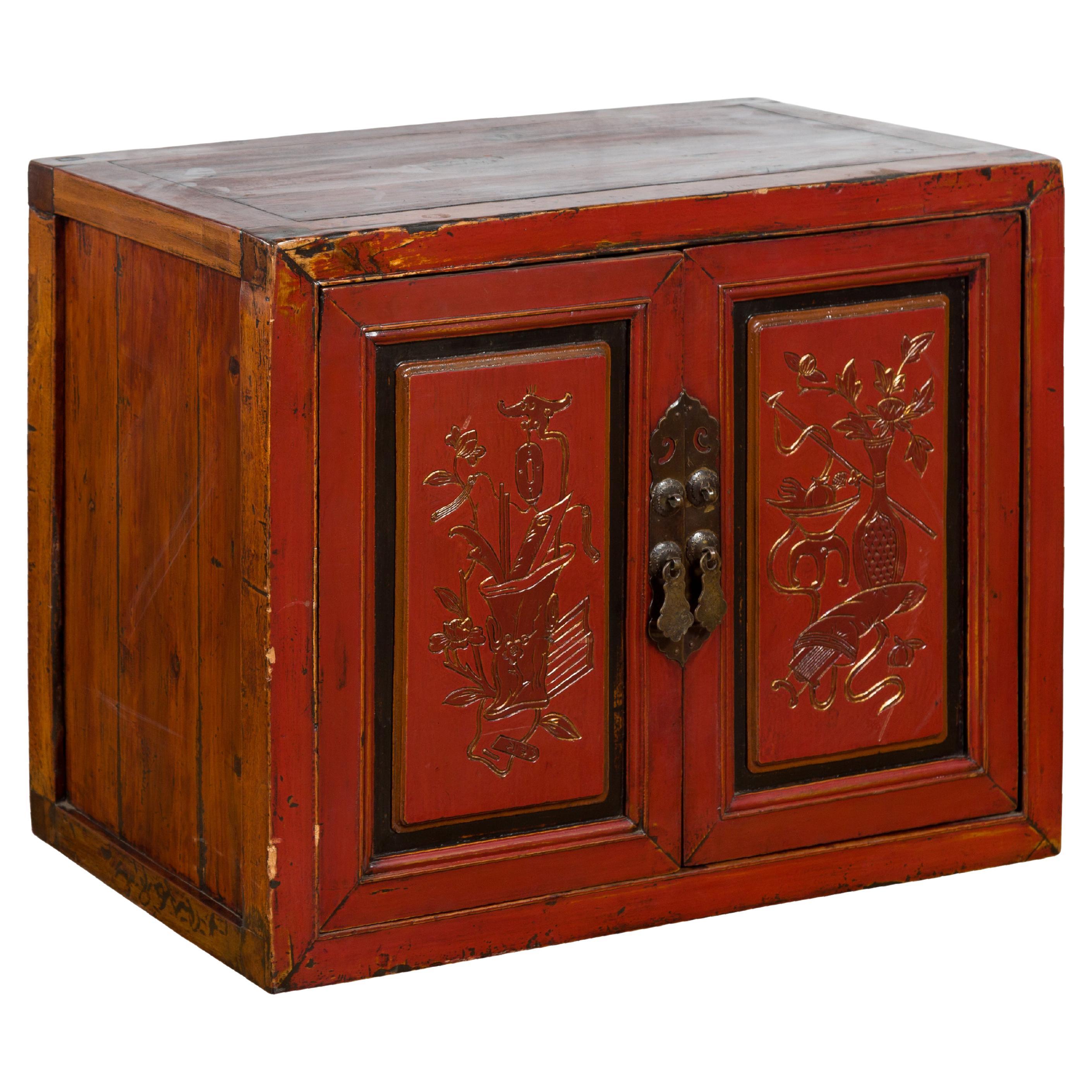 19th Century Chinese Qing Dynasty Red Lacquer Cabinet with Hand-Carved Doors