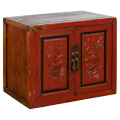 Antique 19th Century Chinese Qing Dynasty Red Lacquer Cabinet with Hand-Carved Doors