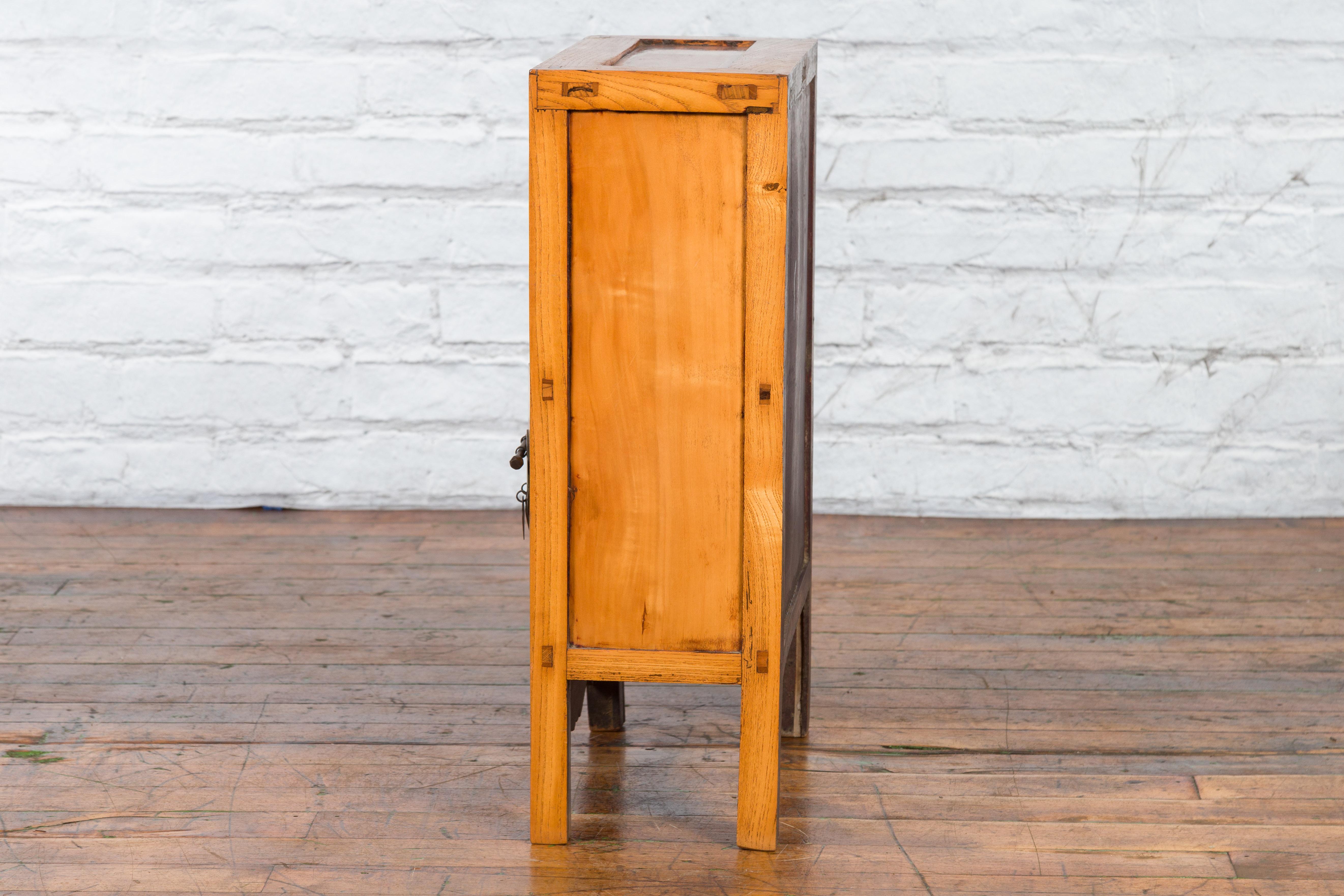 19th Century Chinese Qing Dynasty Small Cabinet with Carved Shelf and Apron For Sale 8