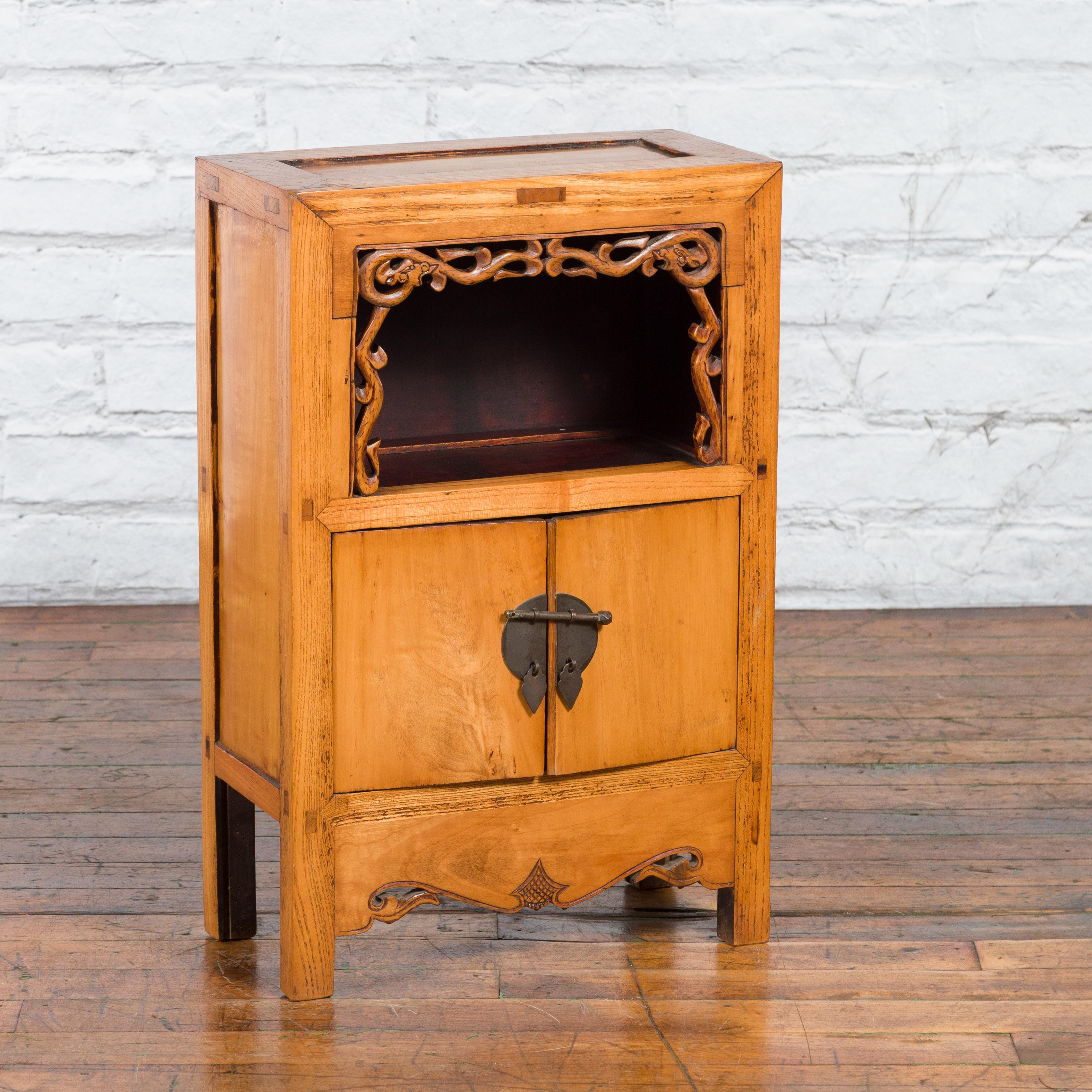 Wood 19th Century Chinese Qing Dynasty Small Cabinet with Carved Shelf and Apron For Sale