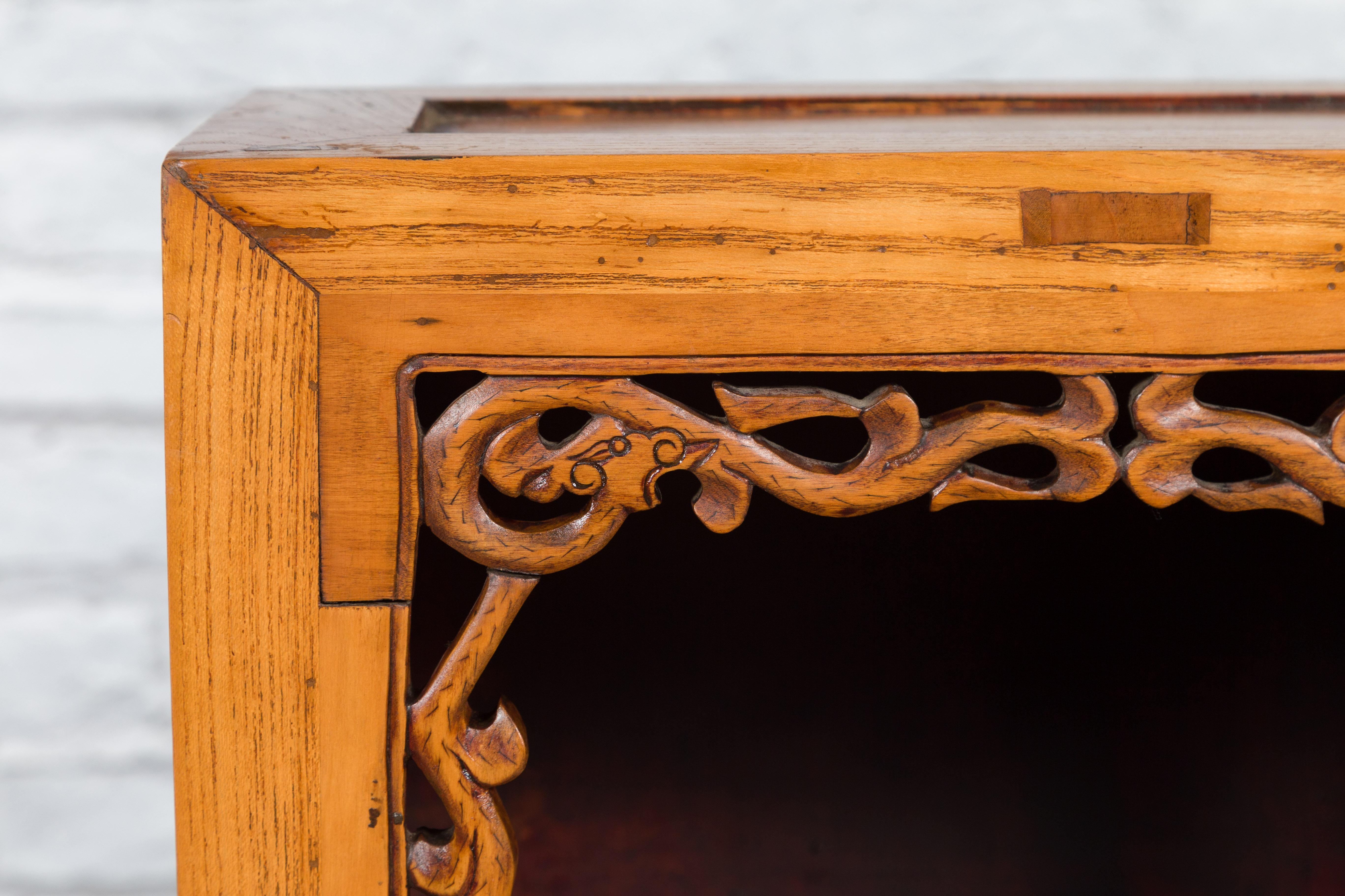 19th Century Chinese Qing Dynasty Small Cabinet with Carved Shelf and Apron For Sale 5